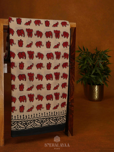Cream Jaipur Cotton Saree