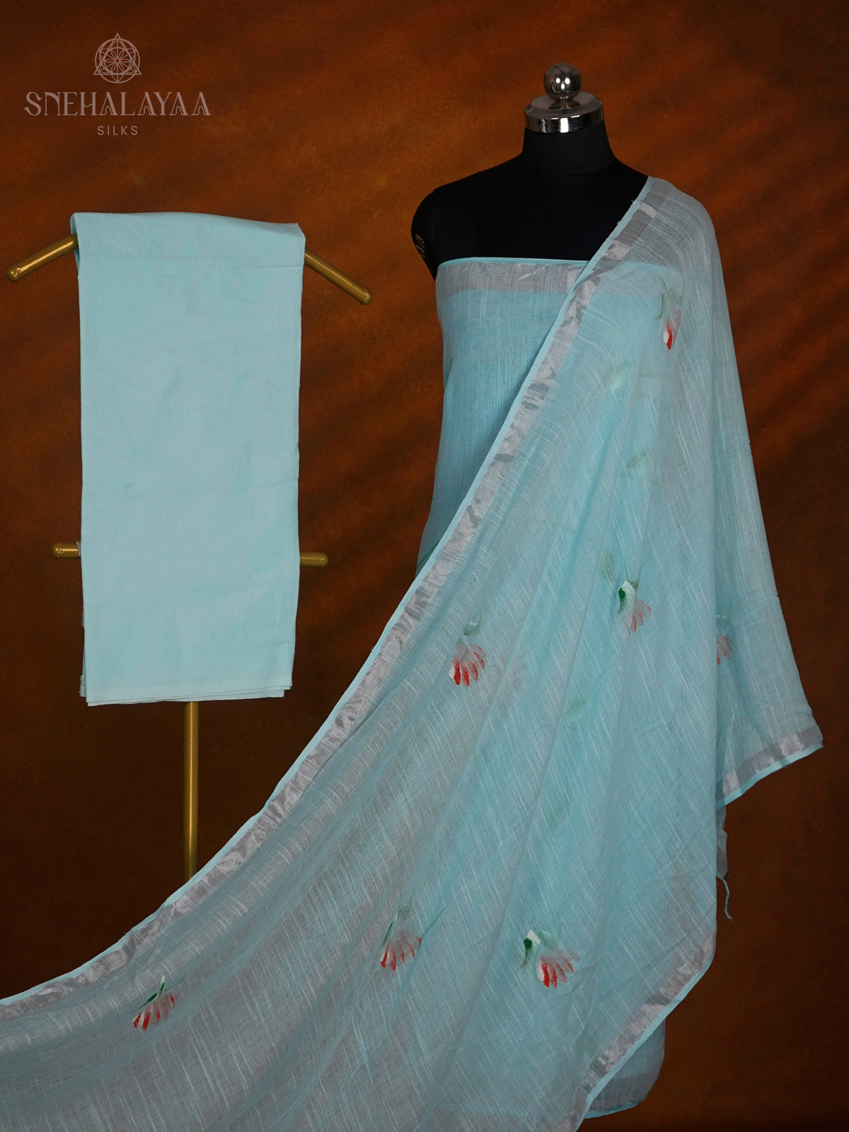 Sky Blue Linen Cotton 3-Piece Salwar Suit Material