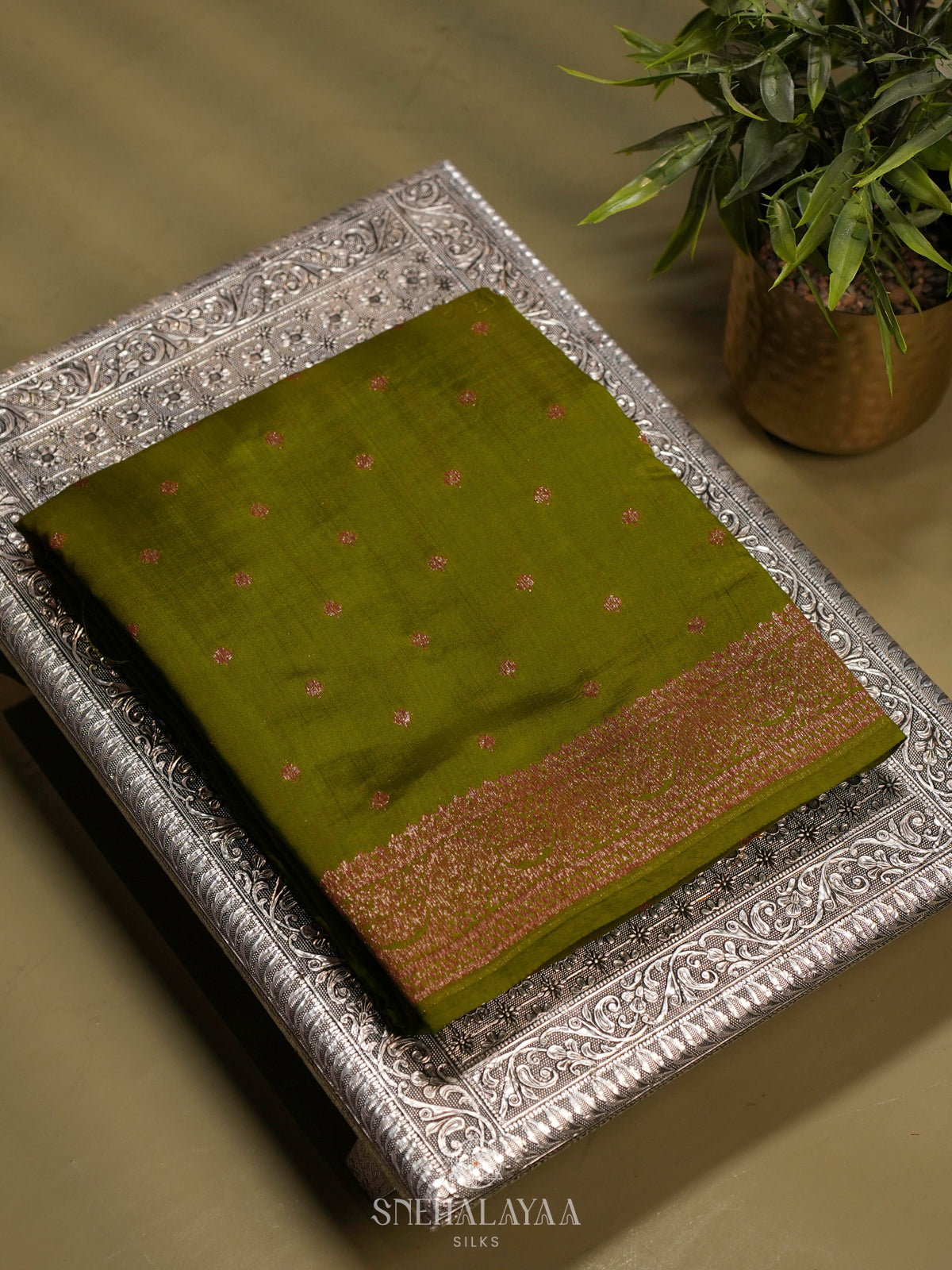 Olive Green Chiniya Silk Saree