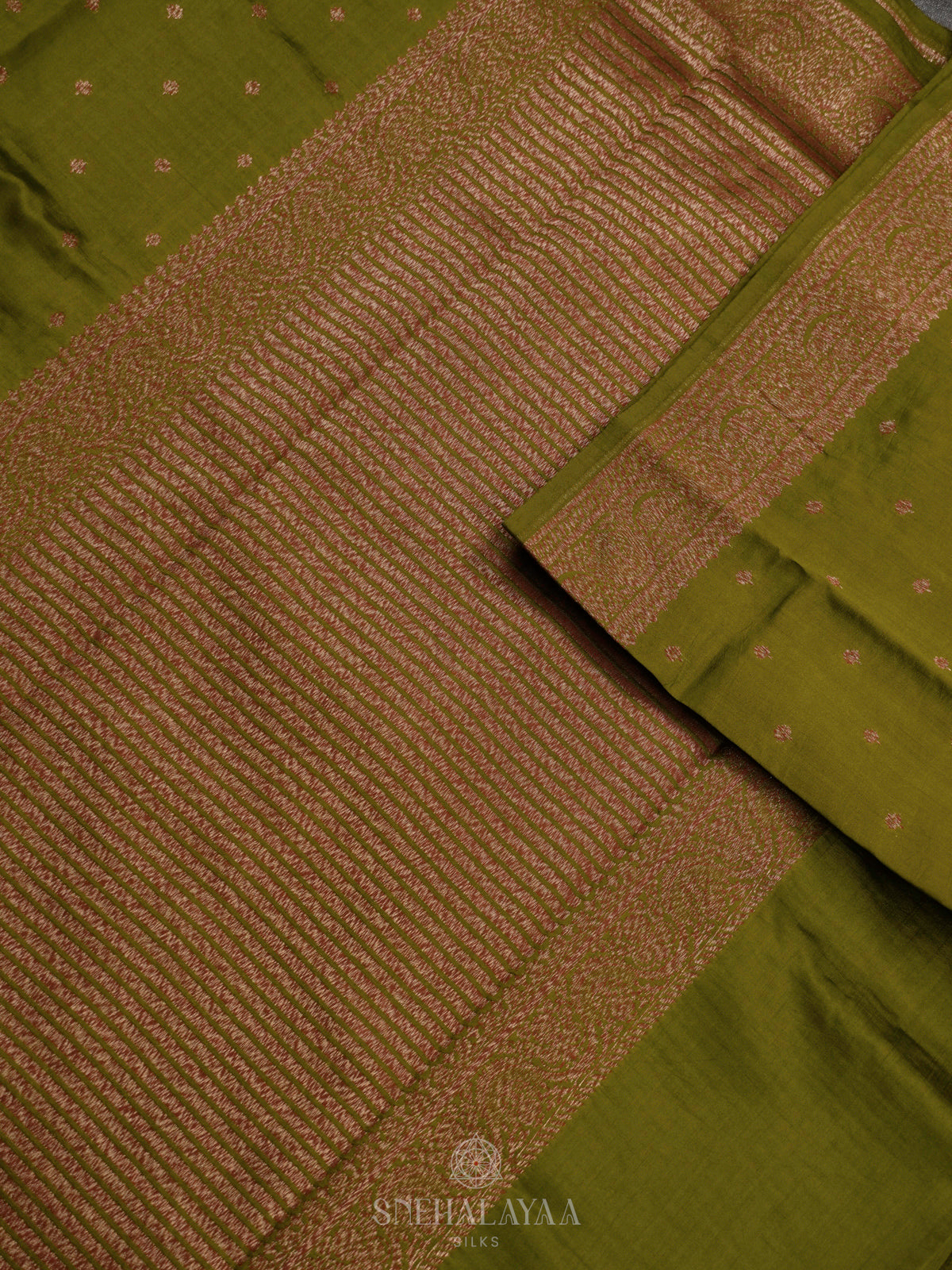Olive Green Chiniya Silk Saree