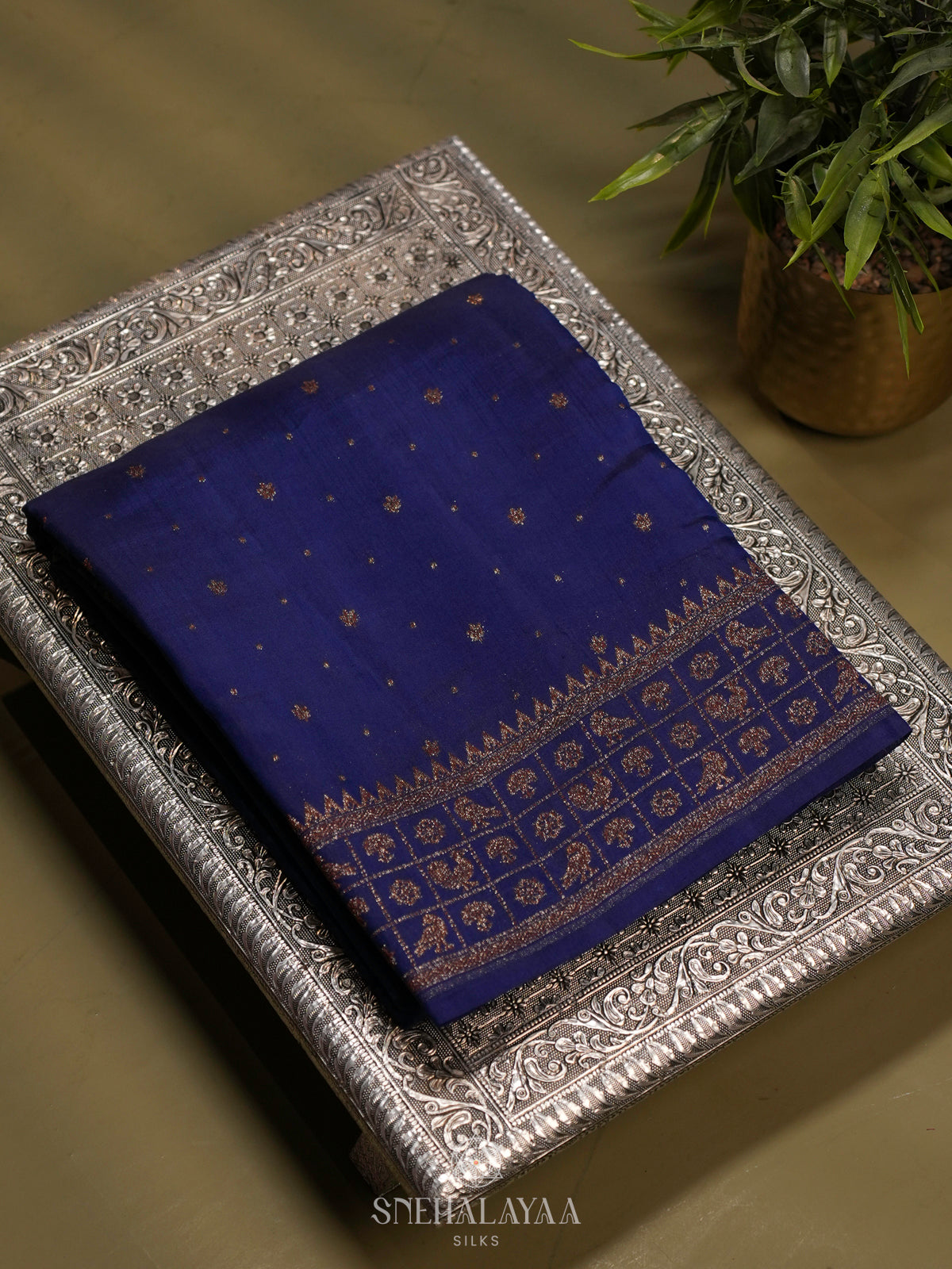 Navy Blue Chiniya Silk Saree
