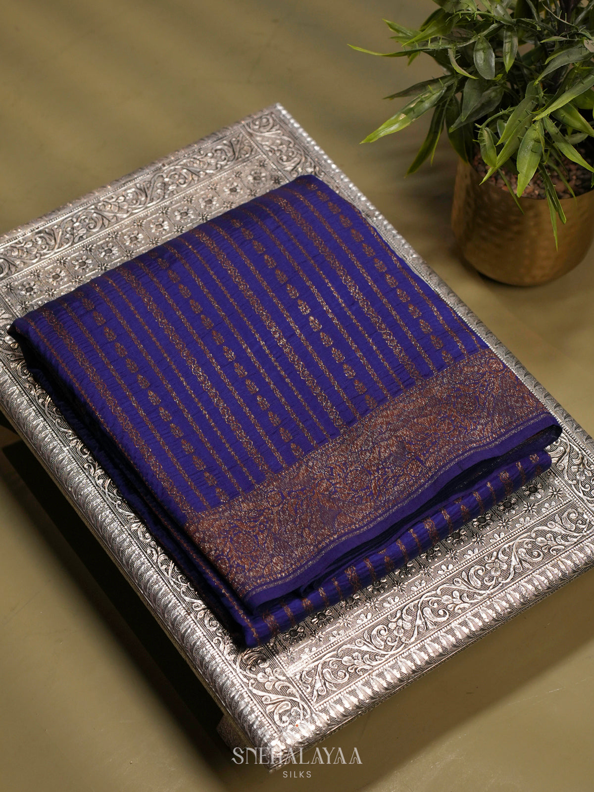 Navy Blue Chiniya Silk Saree