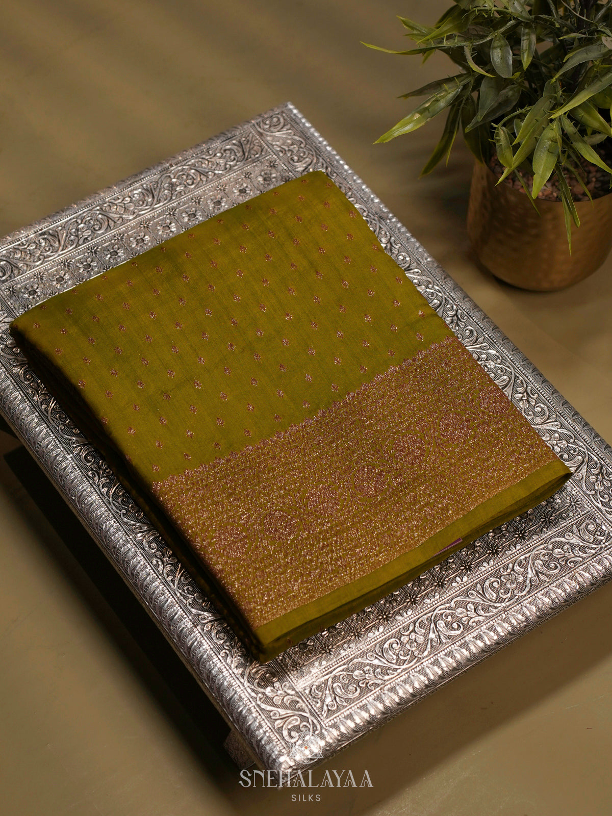 Olive Green Chiniya Silk Saree