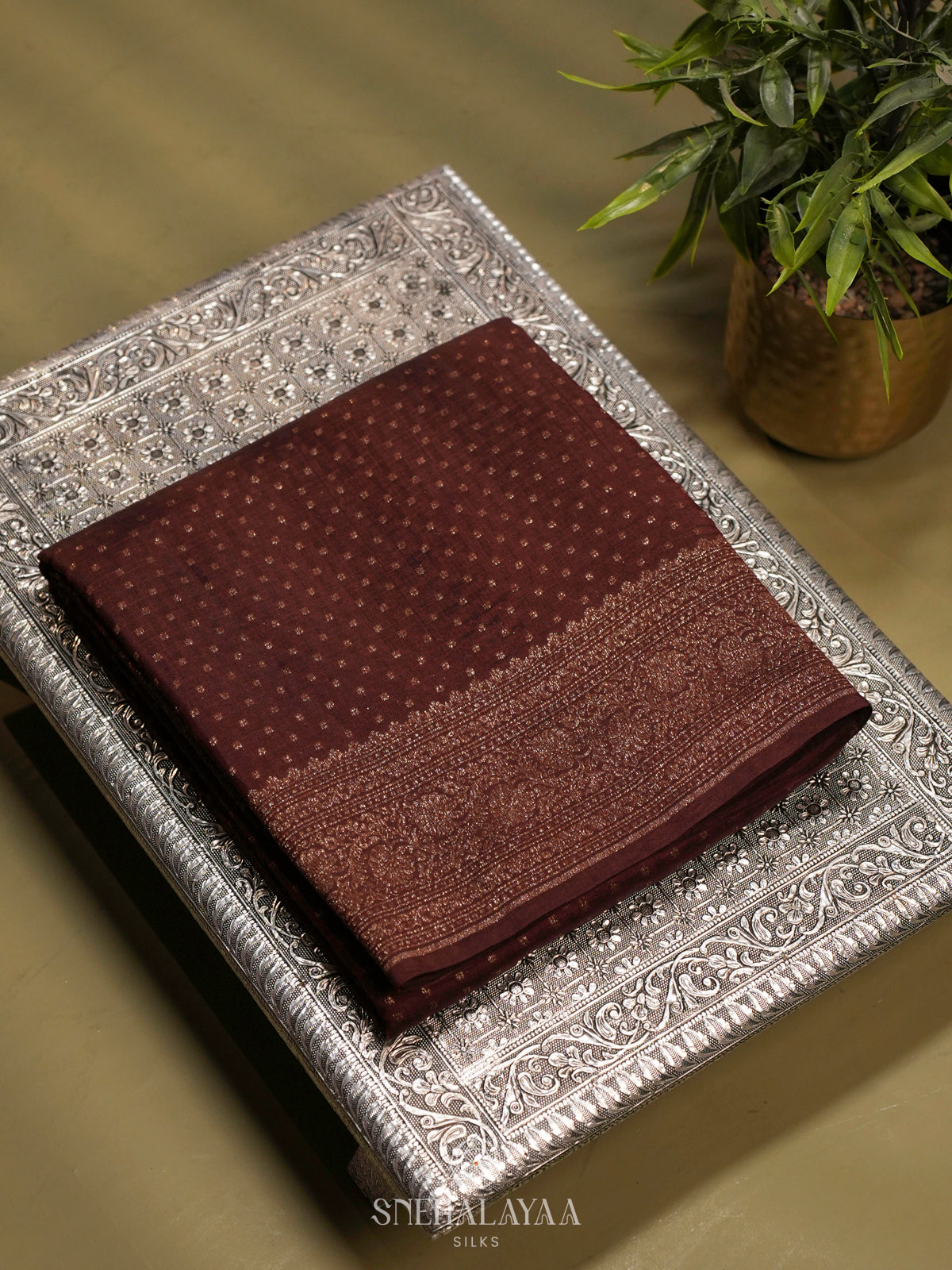 Brown Chiniya Silk Saree