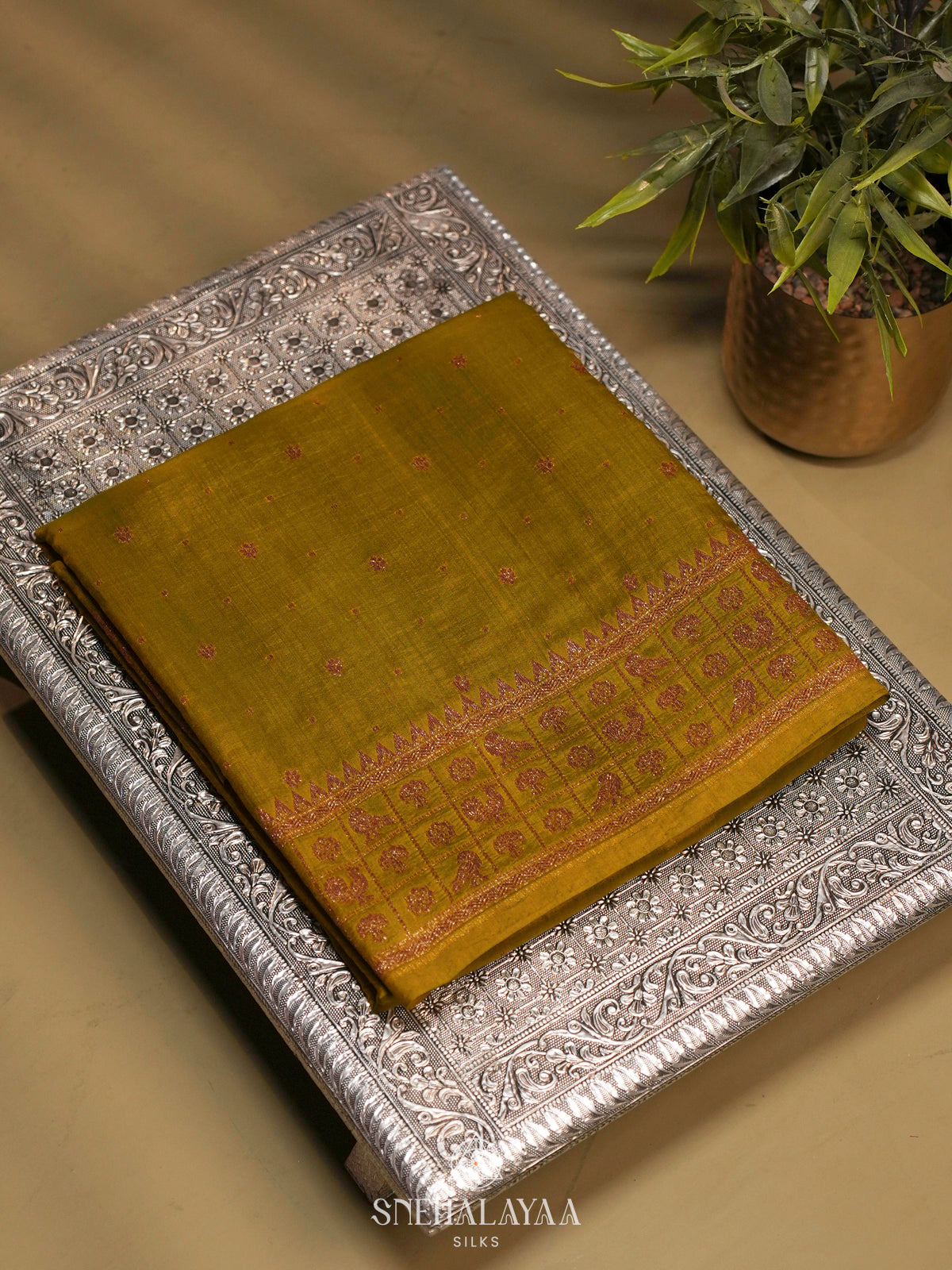 Olive Green Chiniya Silk Saree