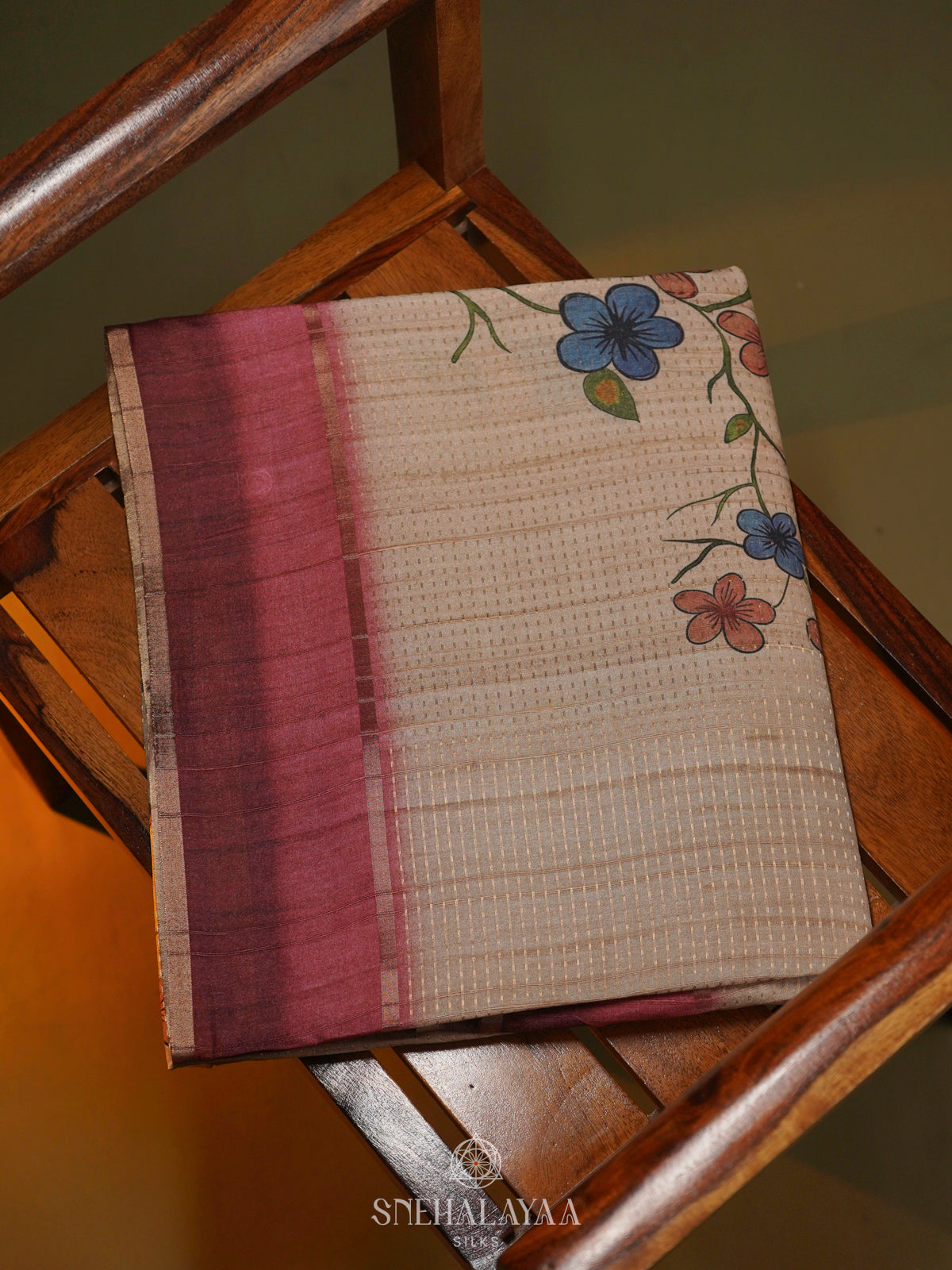 Beige with Maroon Border Tussar Saree