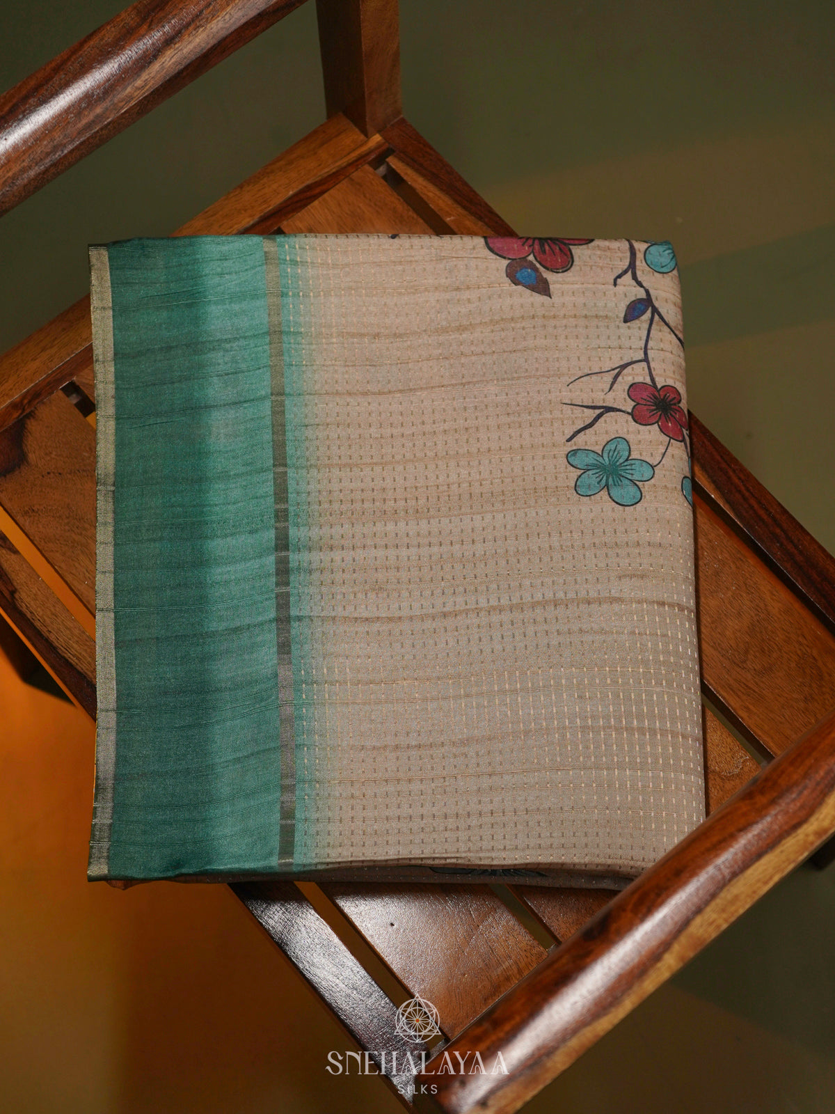 Beige with Green Border Tussar Saree