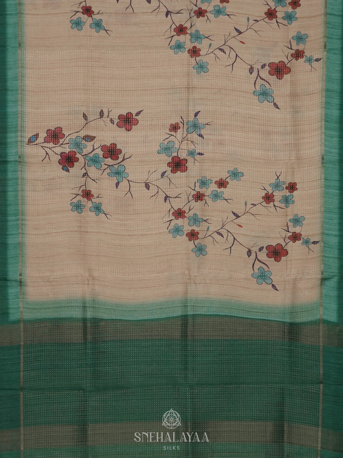 Beige with Green Border Tussar Saree