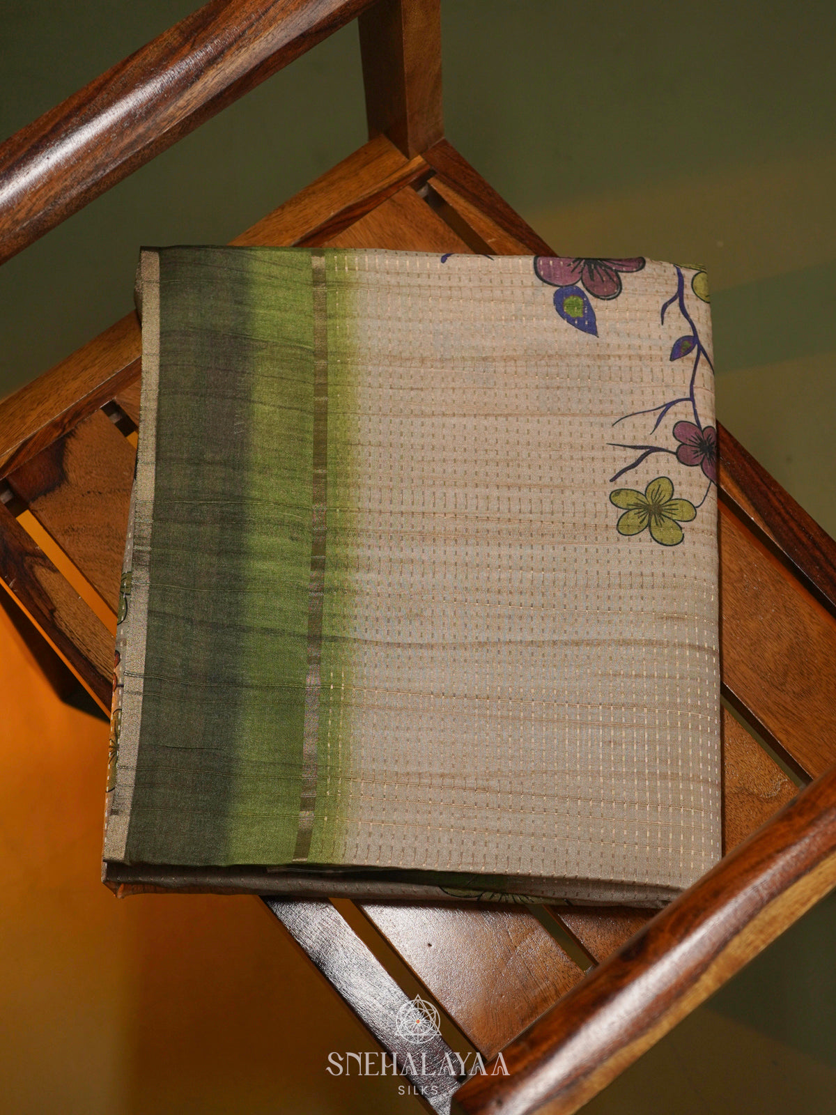 Beige with Olive Green Border Tussar Saree