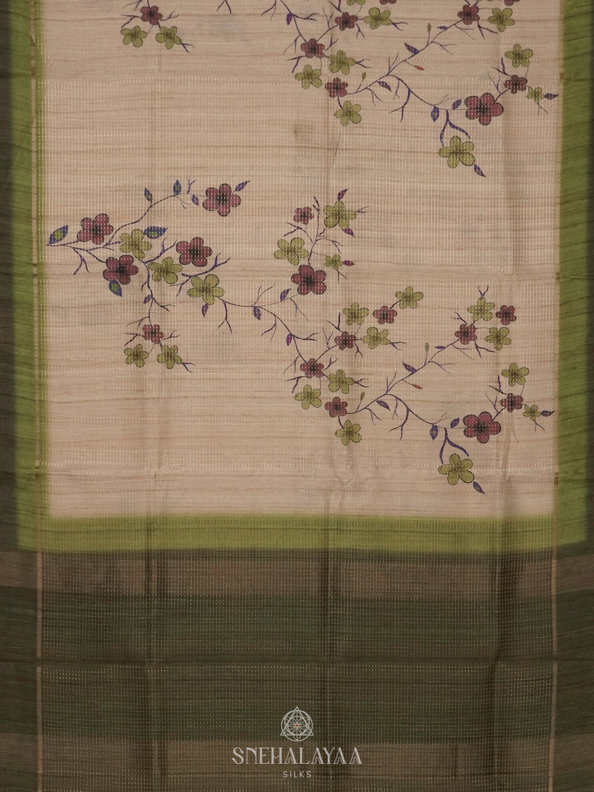 Beige with Olive Green Border Tussar Saree