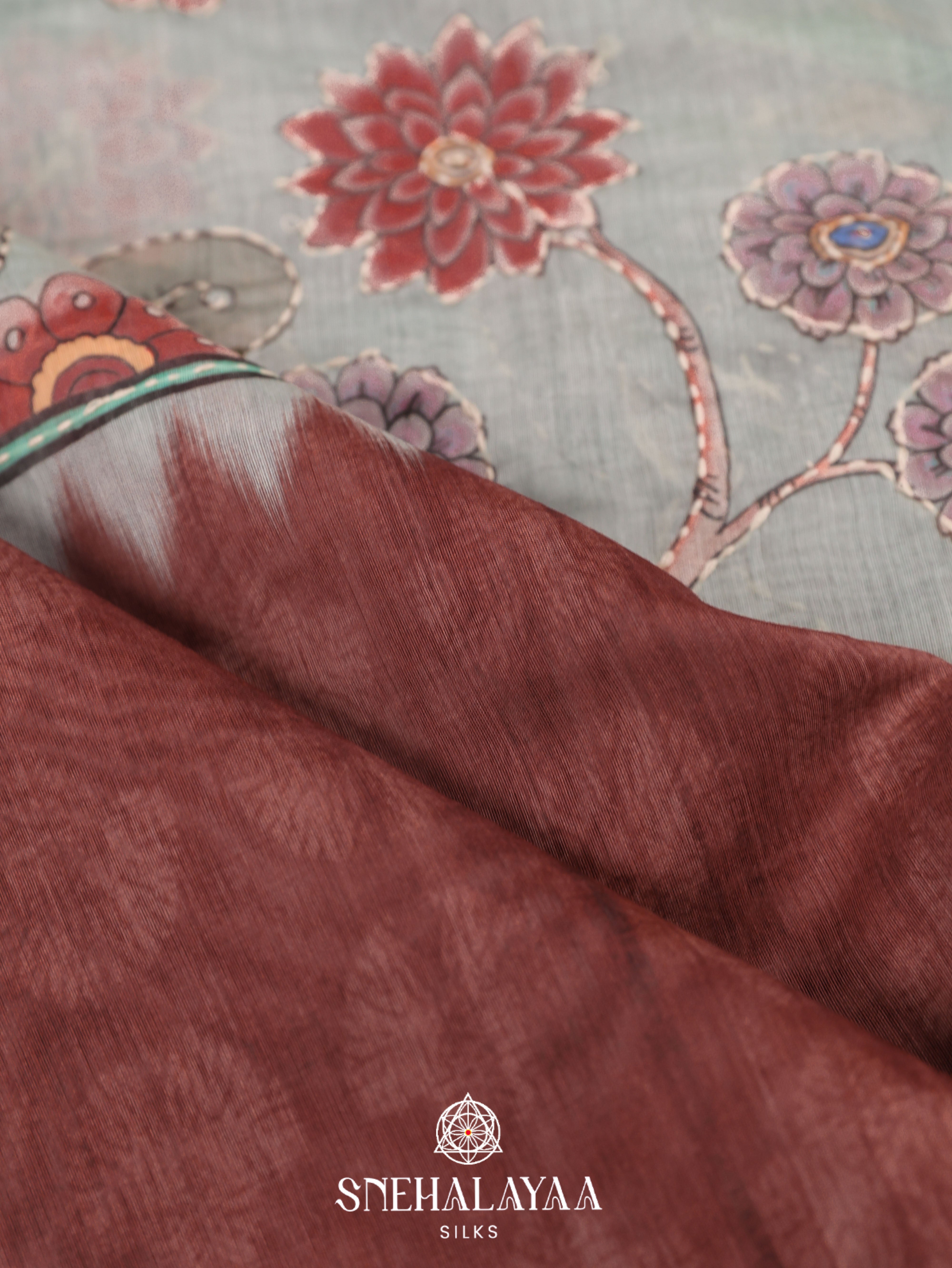 Pale Blue with Brown Border Linen Saree