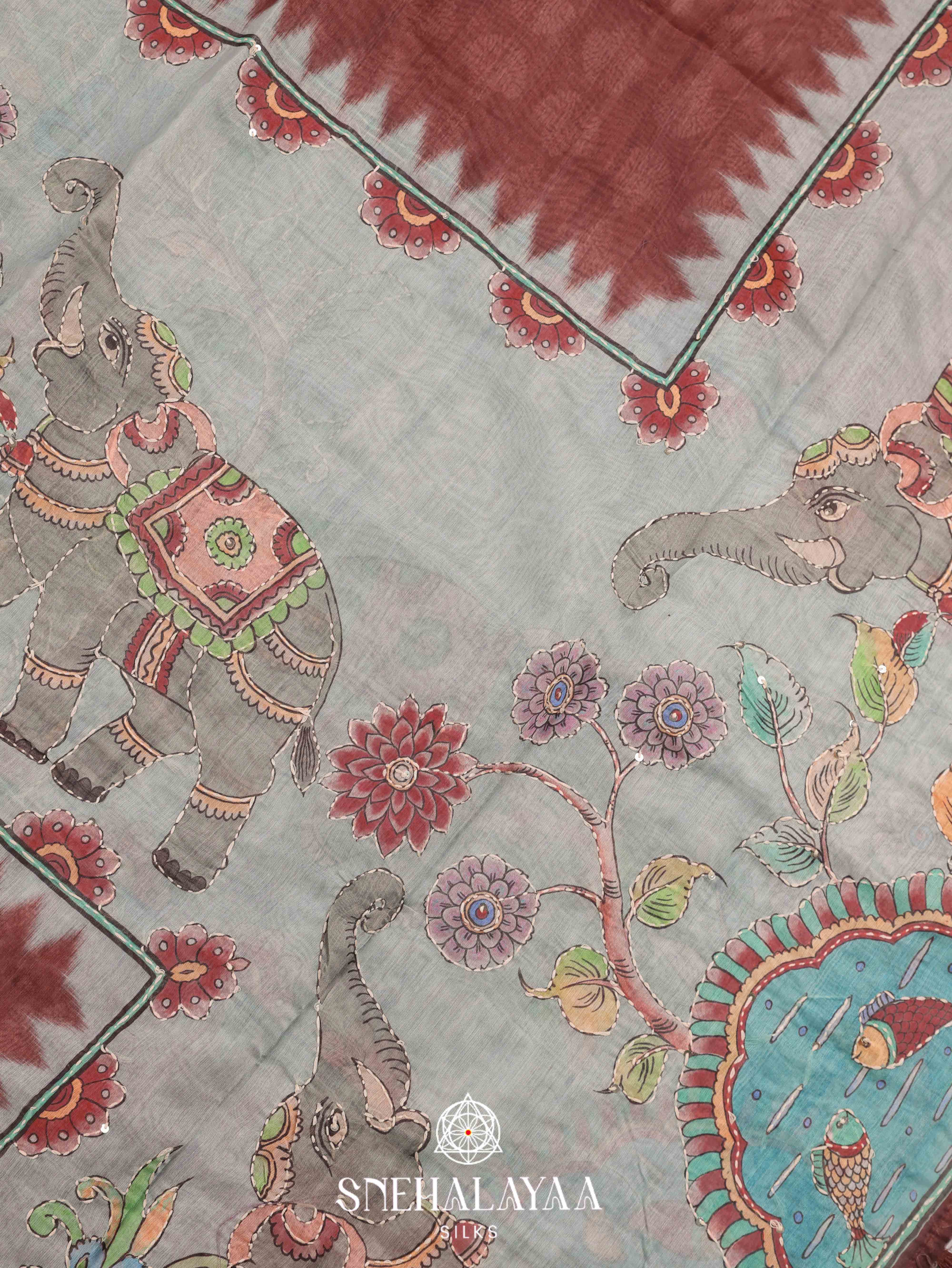 Pale Blue with Brown Border Linen Saree
