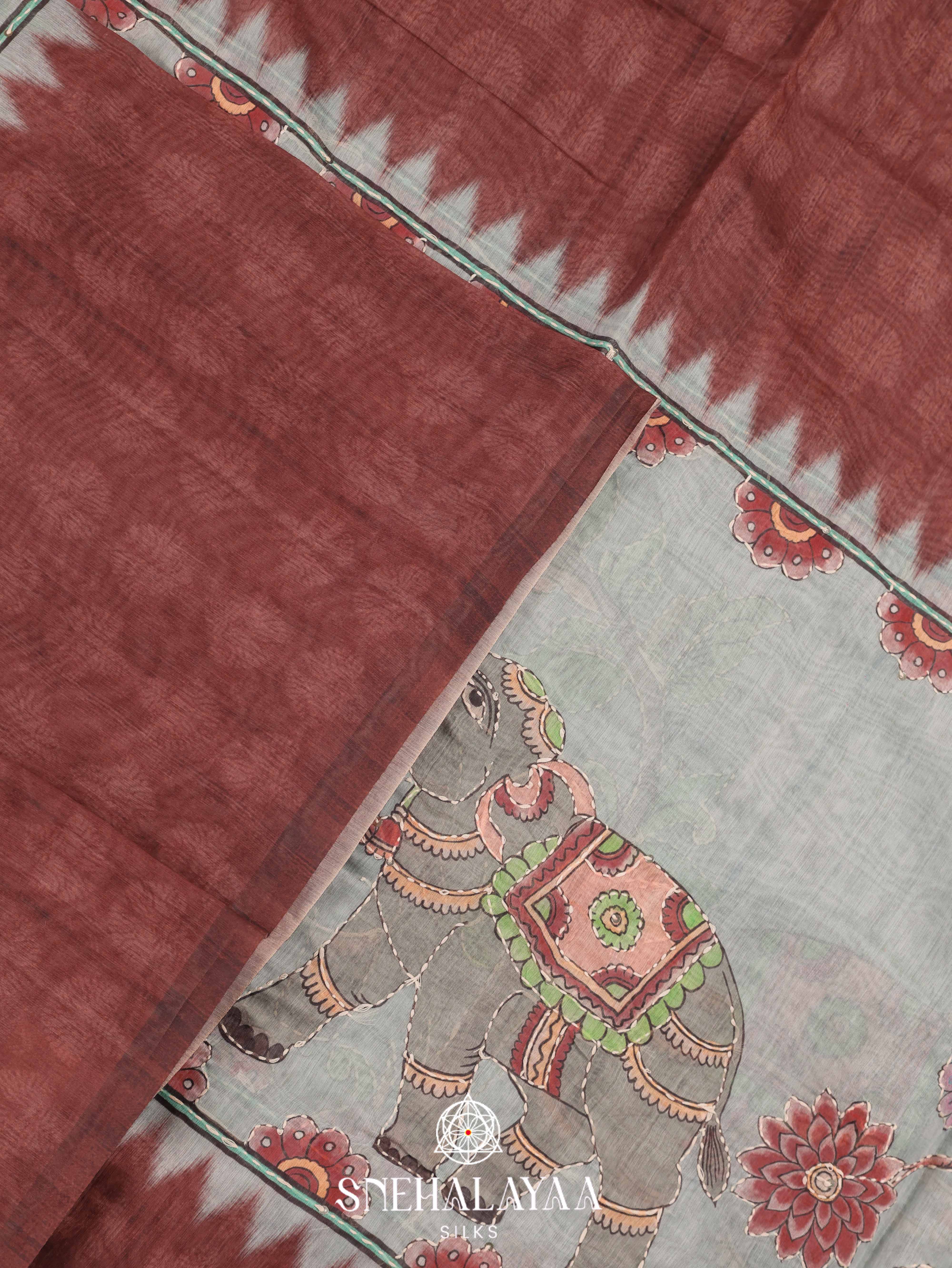 Pale Blue with Brown Border Linen Saree