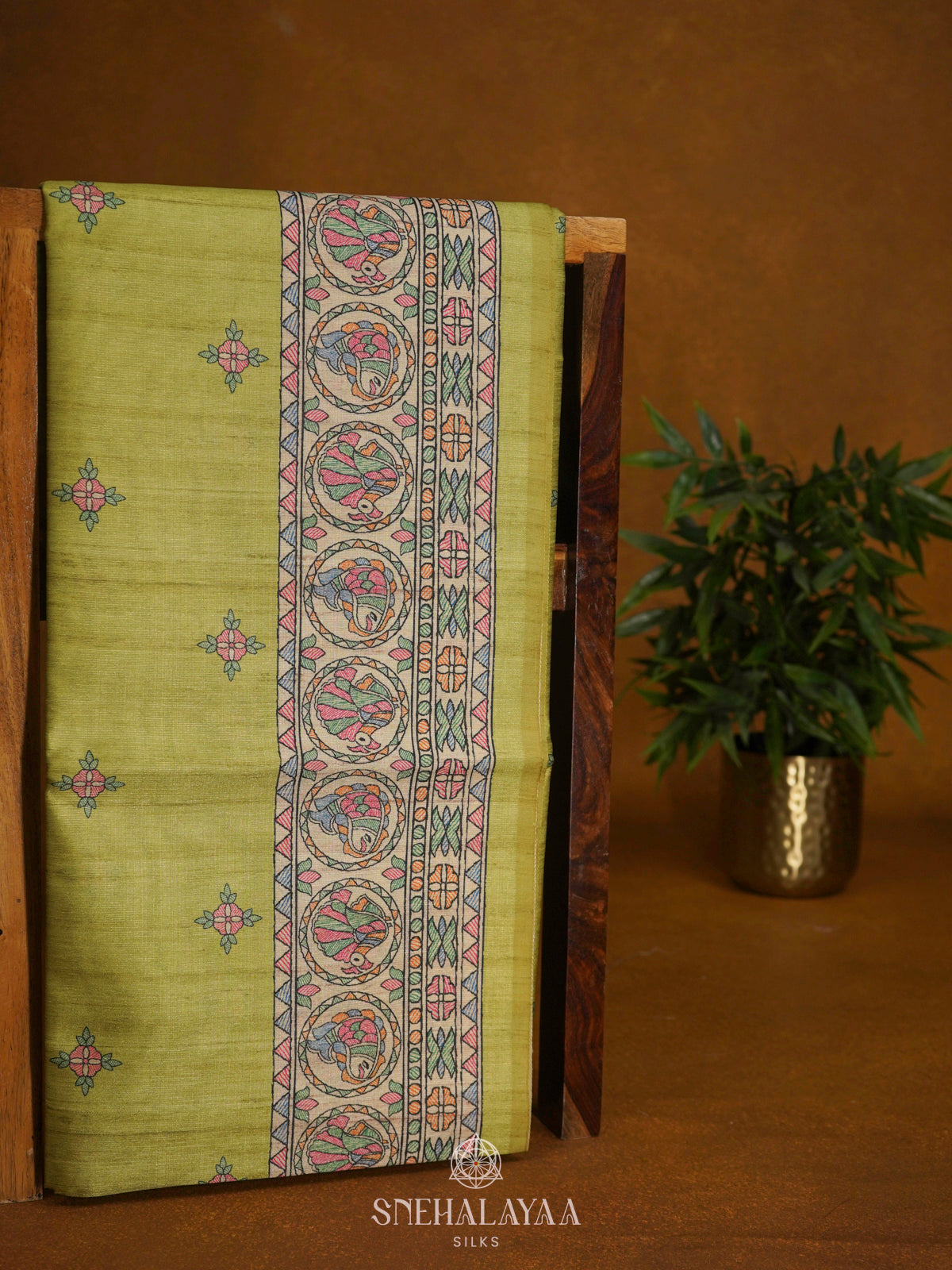 Lime Green Printed Madhubani Saree