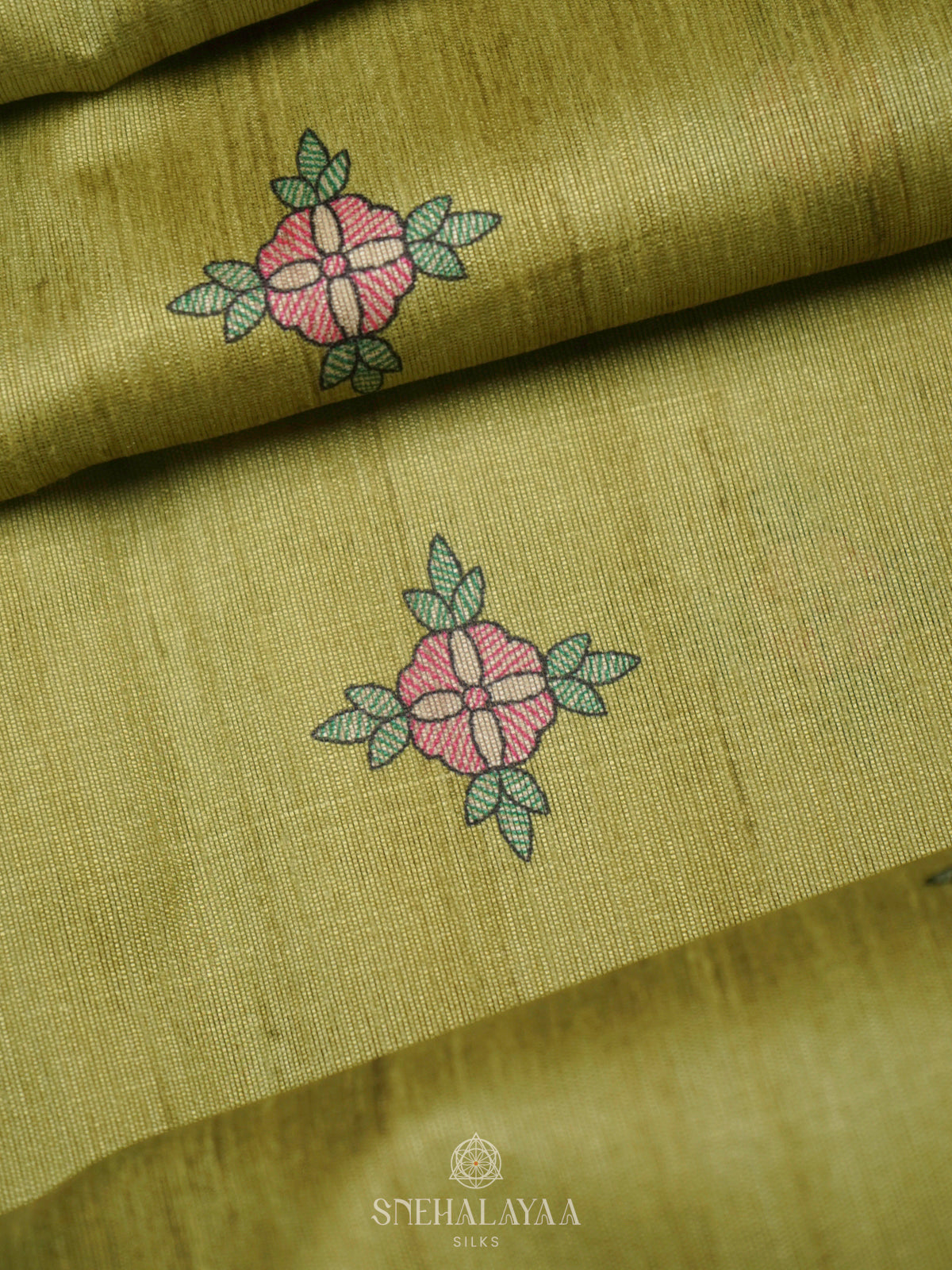 Lime Green Printed Madhubani Saree