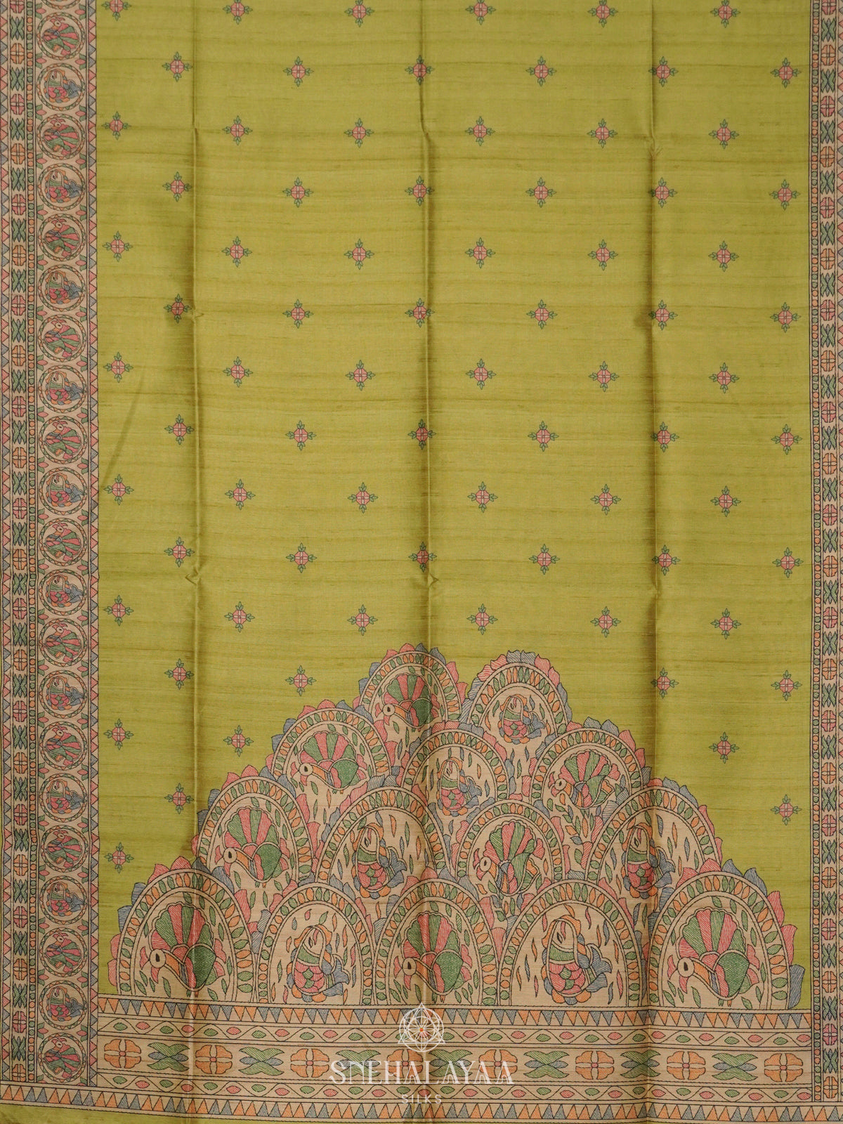 Lime Green Printed Madhubani Saree