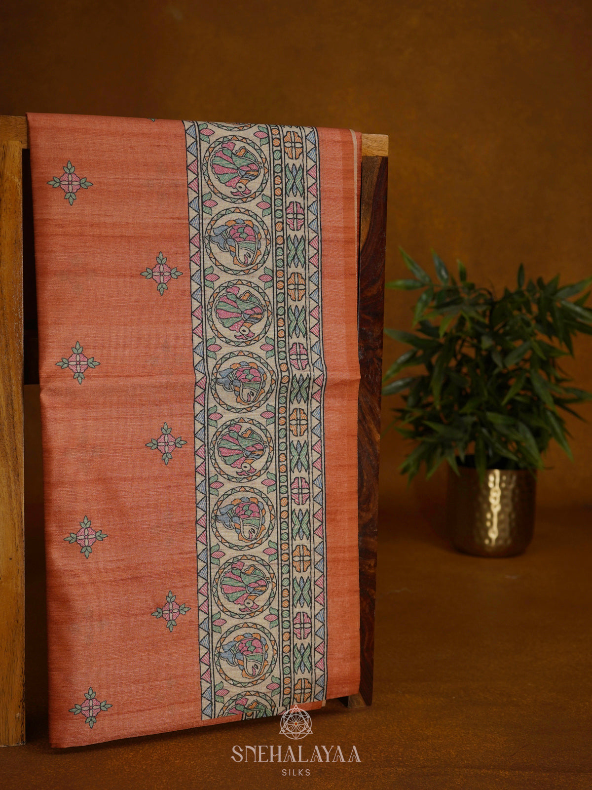 Peach Printed Madhubani Saree
