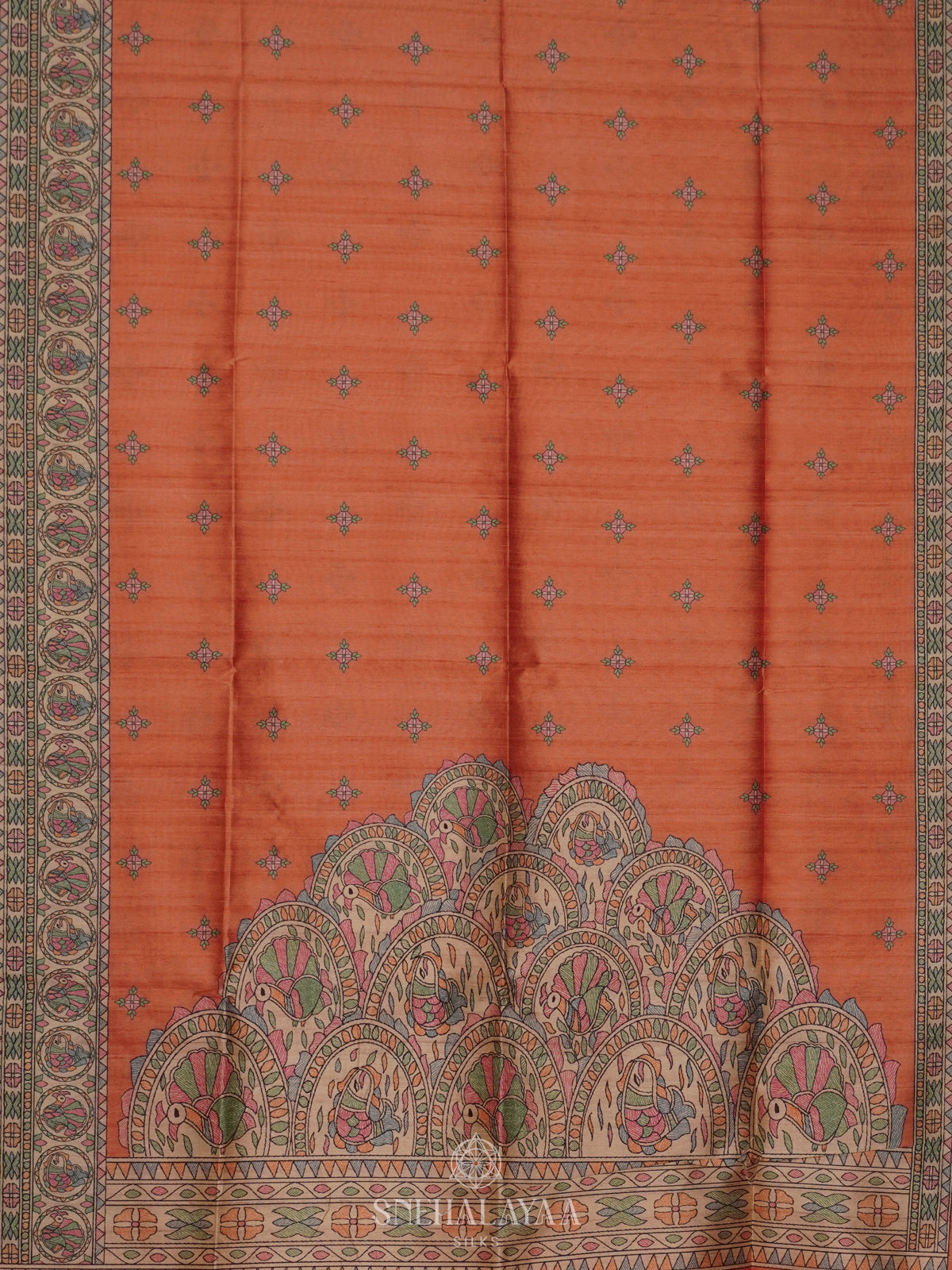 Peach Printed Madhubani Saree