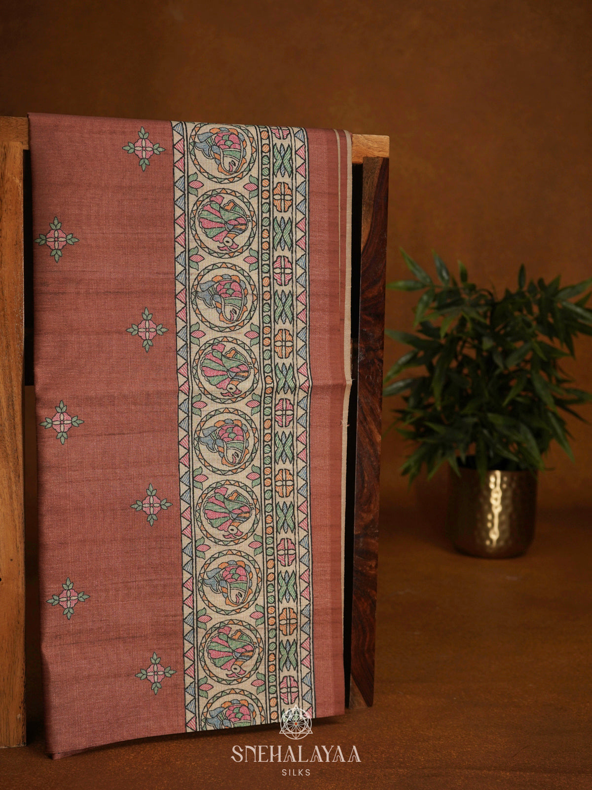 Brown Printed Madhubani Saree