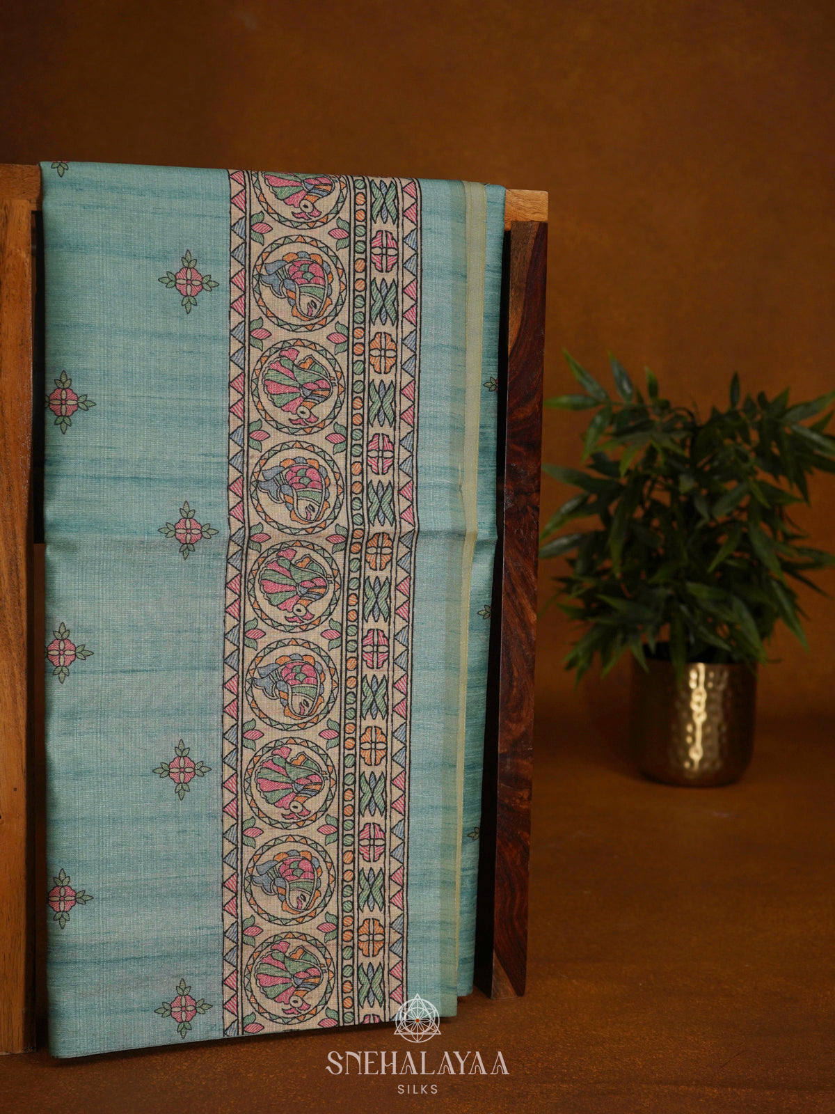 Teal Green Printed Madhubani Saree
