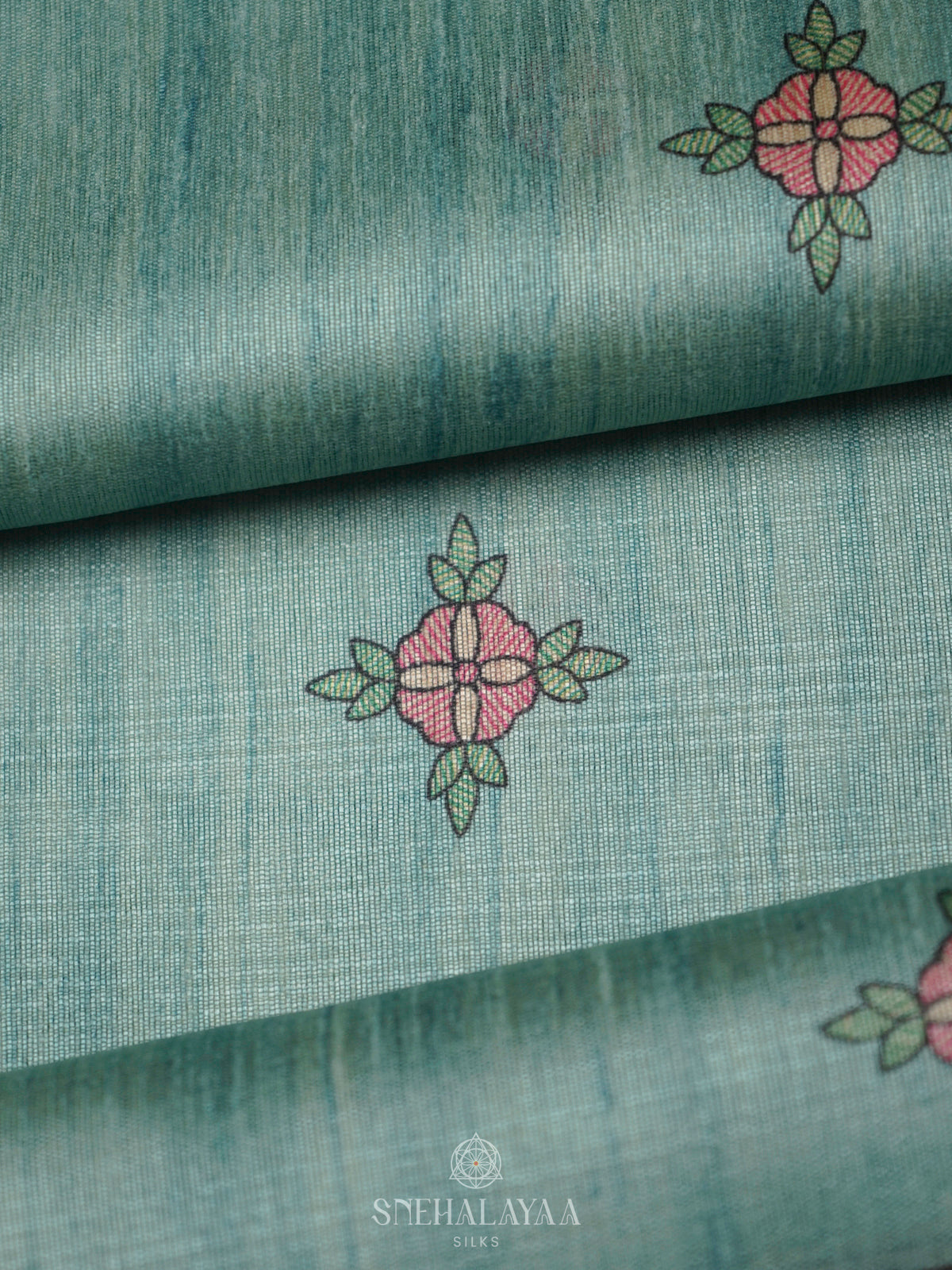 Teal Green Printed Madhubani Saree