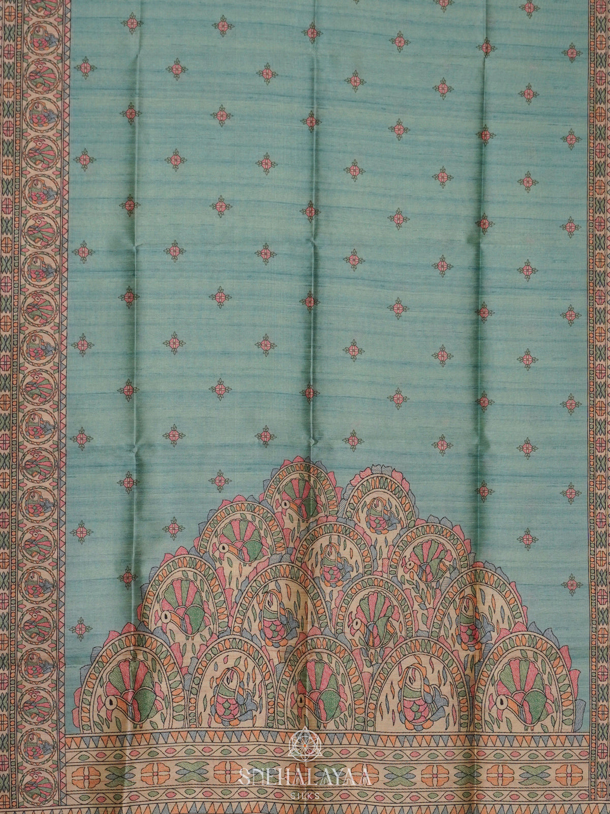Teal Green Printed Madhubani Saree