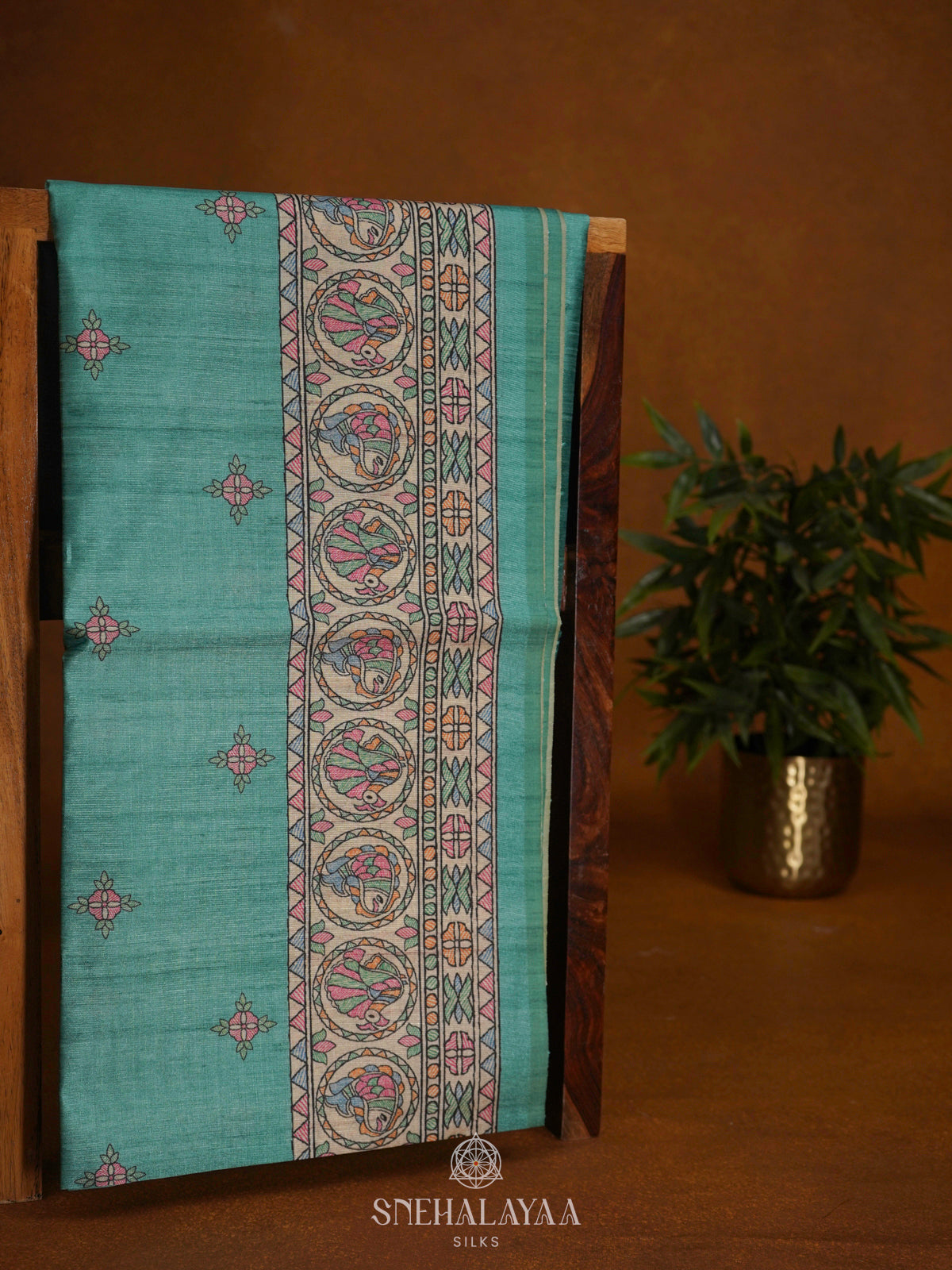 Teal Green Printed Madhubani Saree