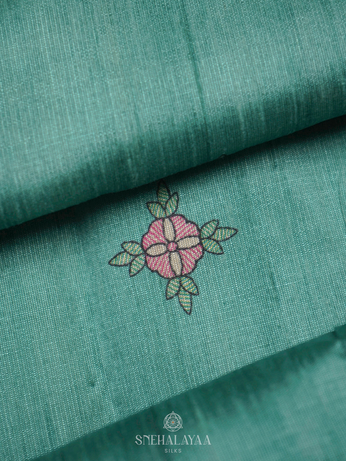 Teal Green Printed Madhubani Saree