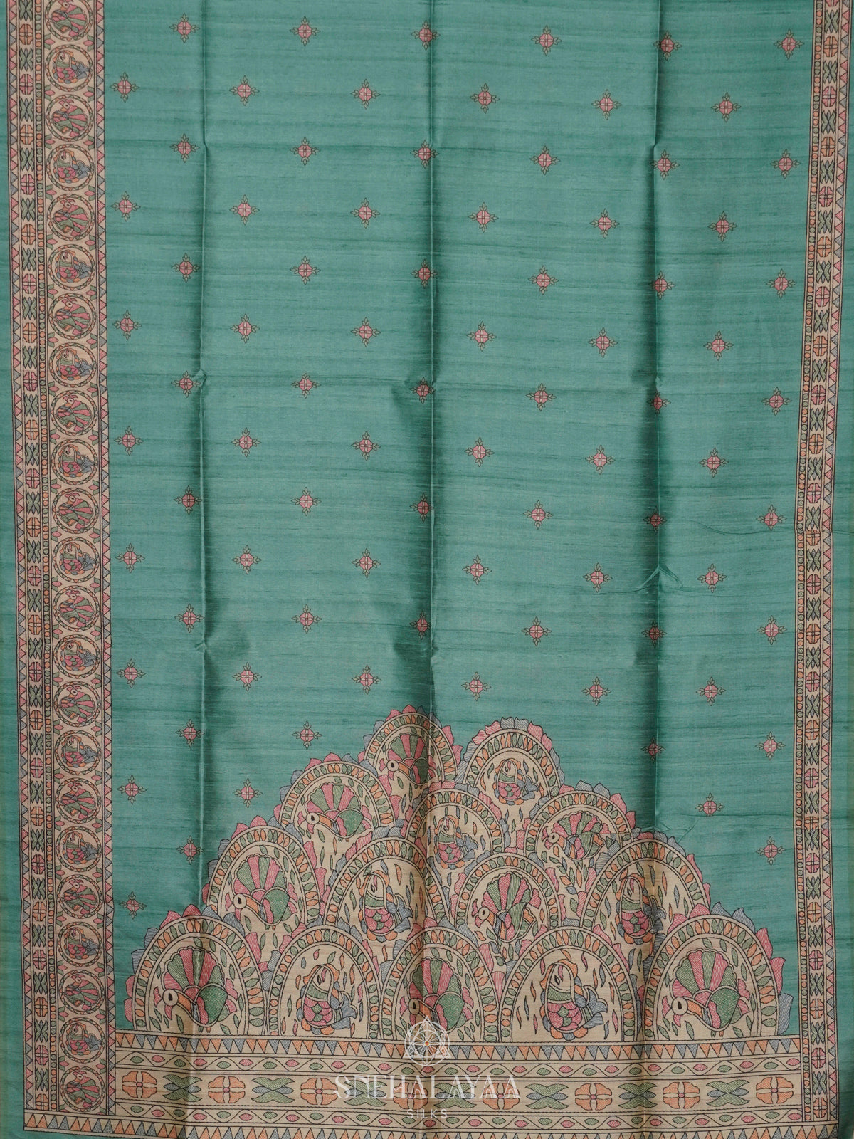 Teal Green Printed Madhubani Saree