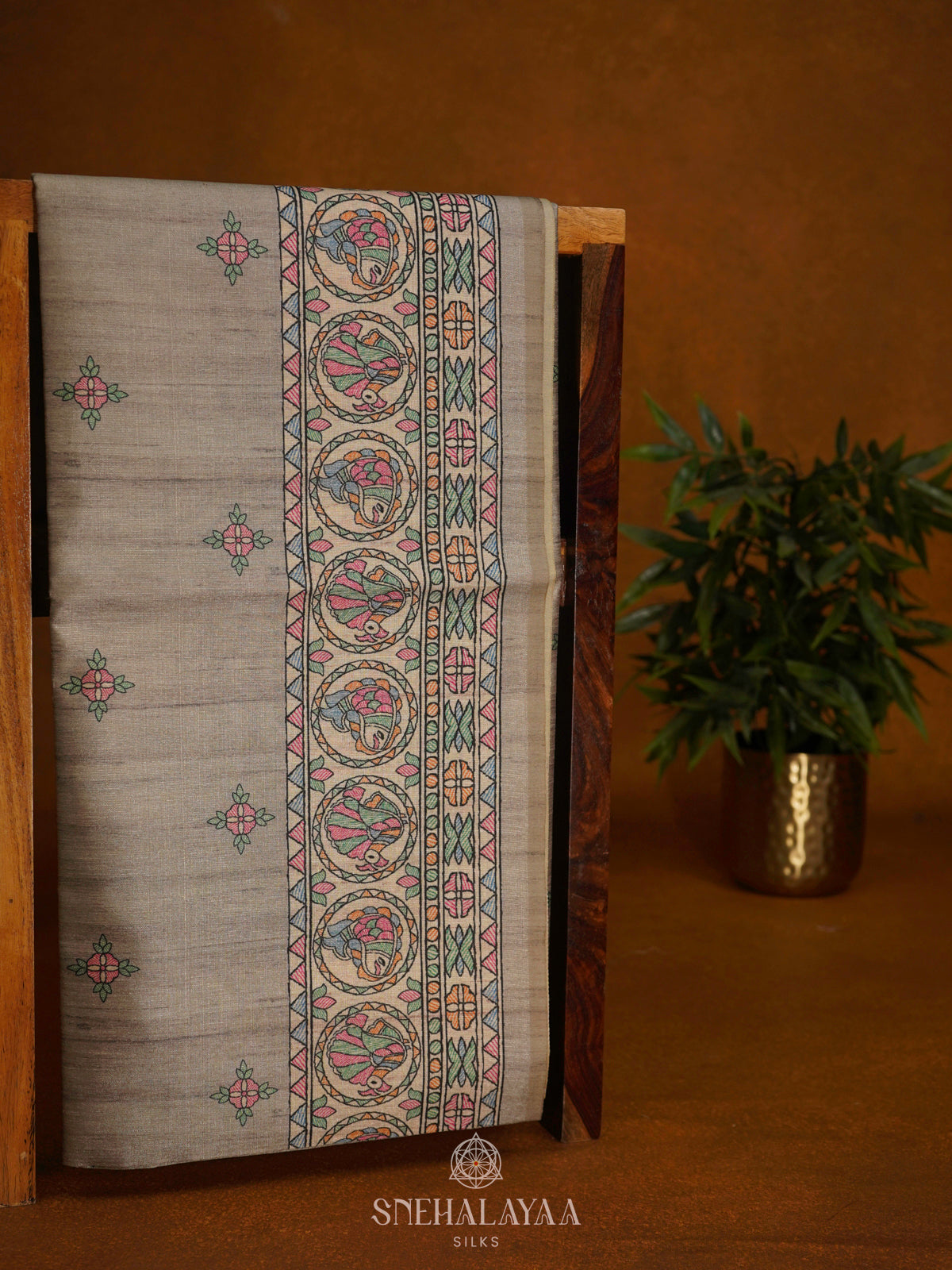 Beige Printed Madhubani Saree