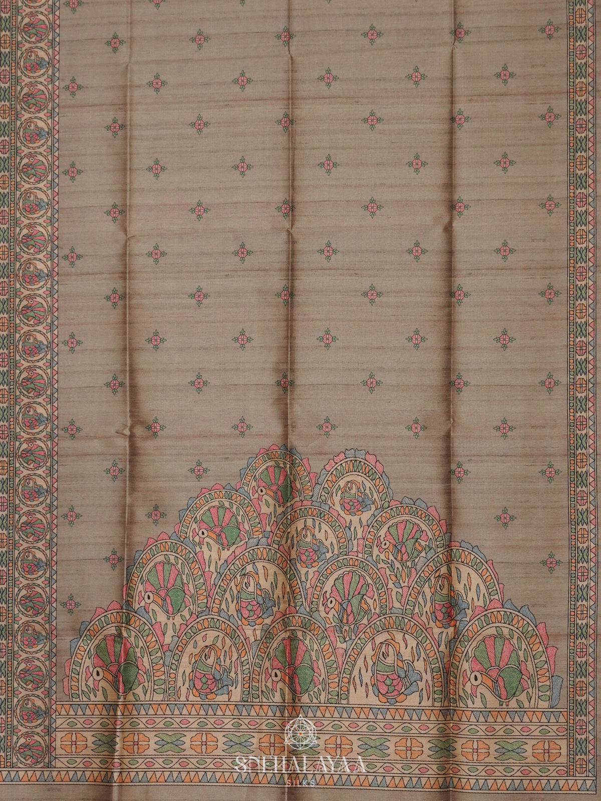 Beige Printed Madhubani Saree
