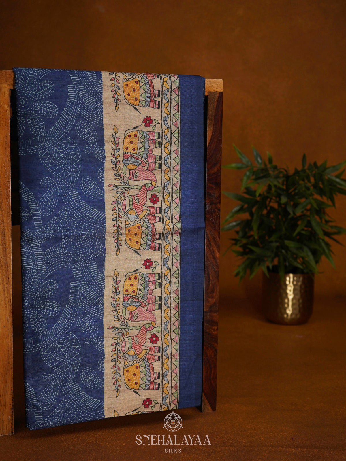 Navy Blue Printed Madhubani Saree