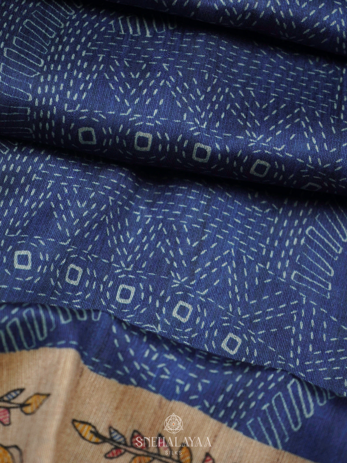 Navy Blue Printed Madhubani Saree