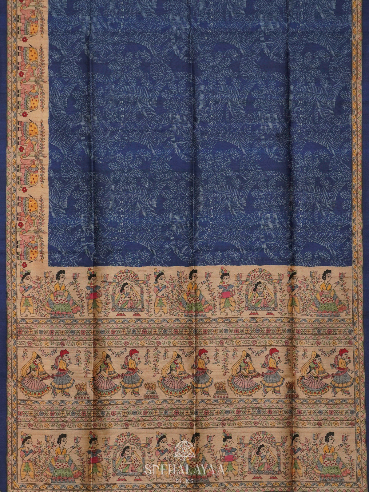 Navy Blue Printed Madhubani Saree