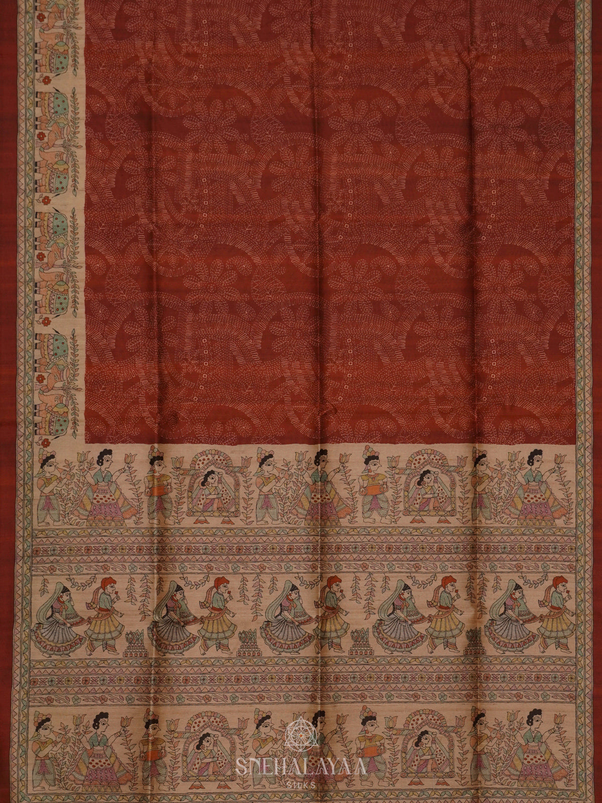 Maroon Printed Madhubani Saree