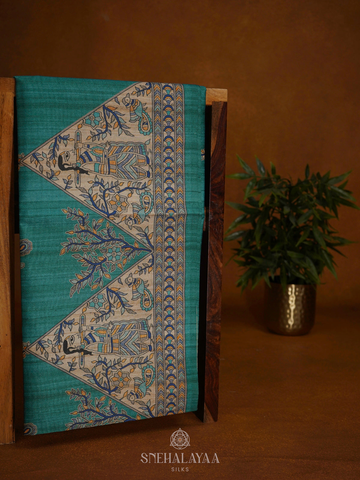 Teal Green Printed Madhubani Saree