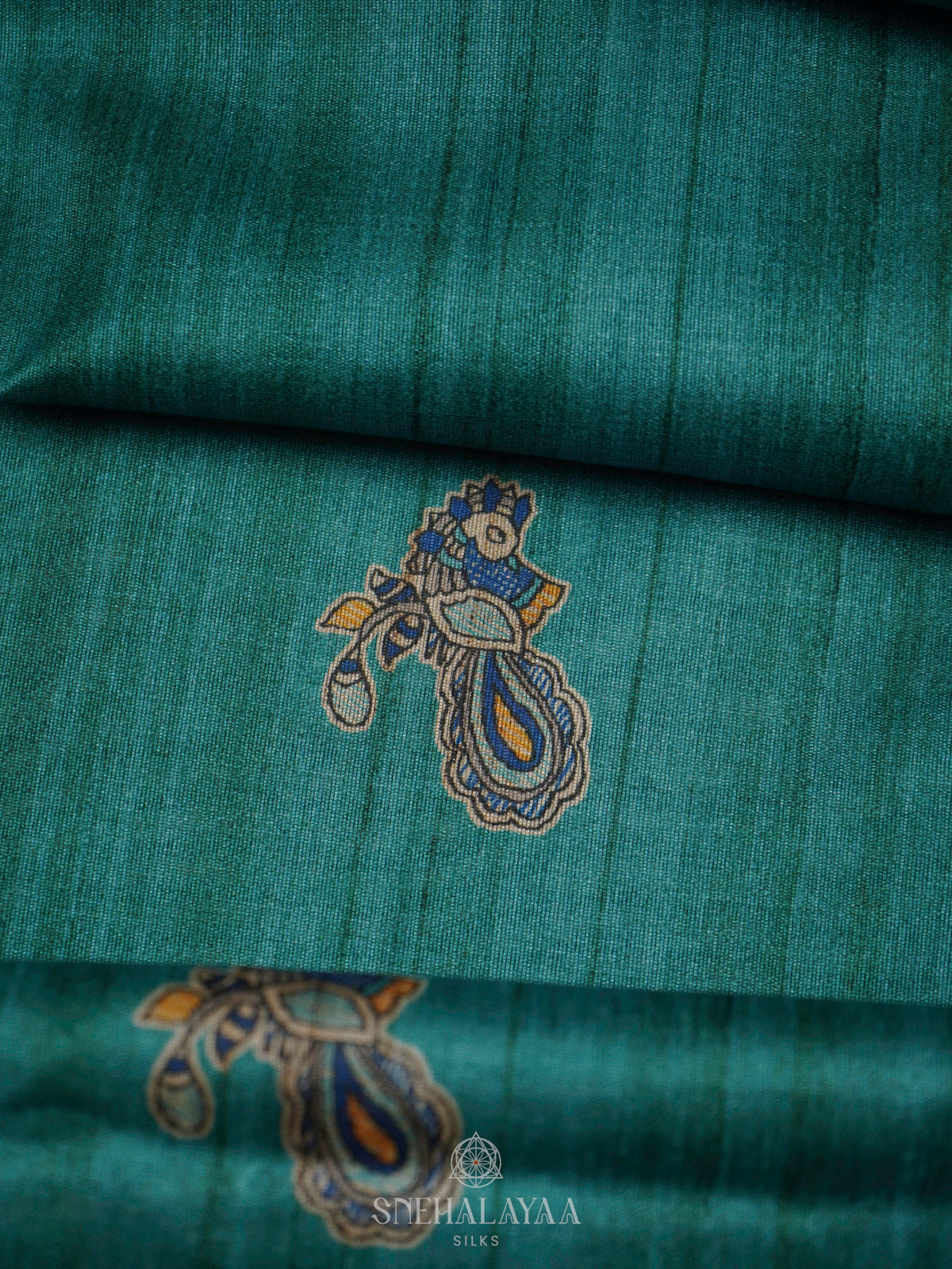 Teal Green Printed Madhubani Saree