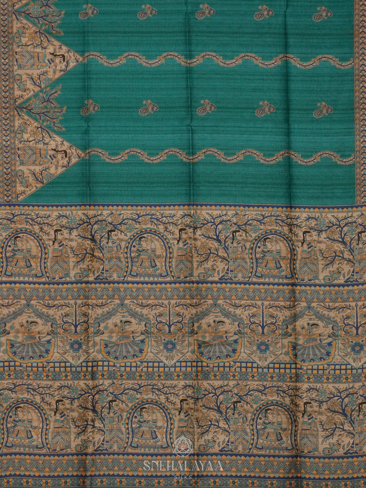 Teal Green Printed Madhubani Saree
