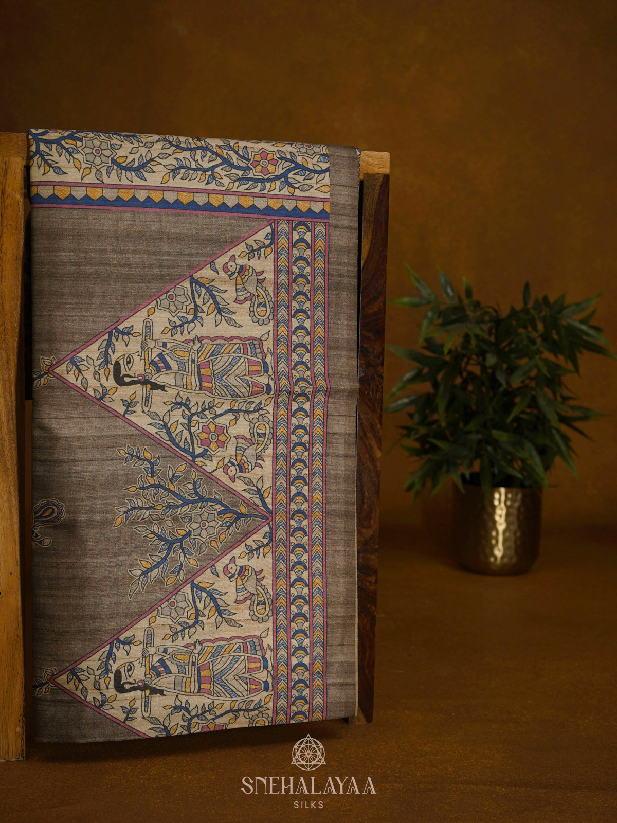 Brown Printed Madhubani Saree
