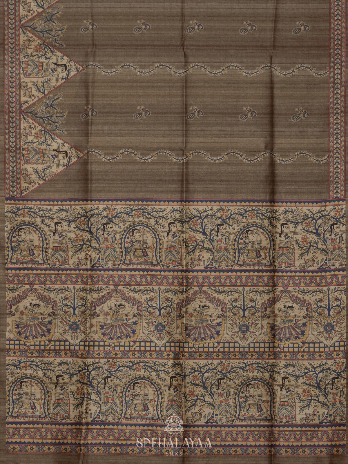Brown Printed Madhubani Saree