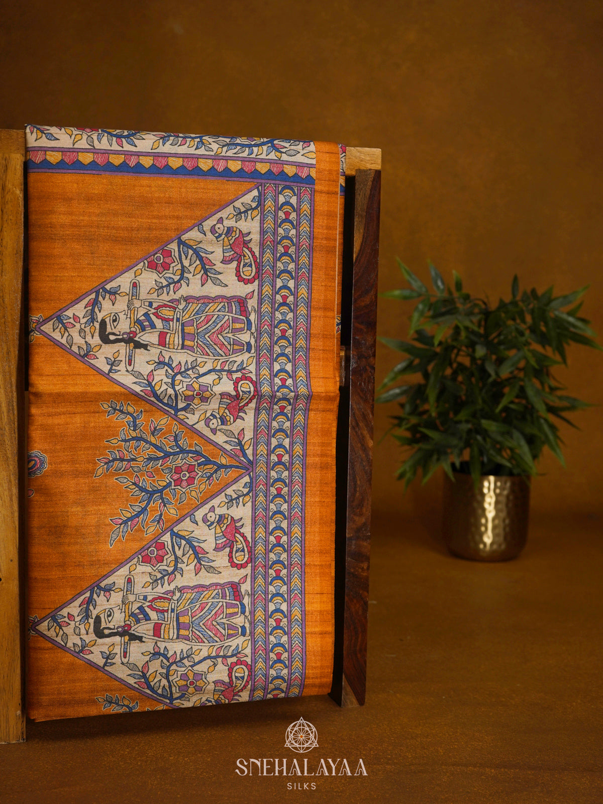 Orange Printed Madhubani Saree