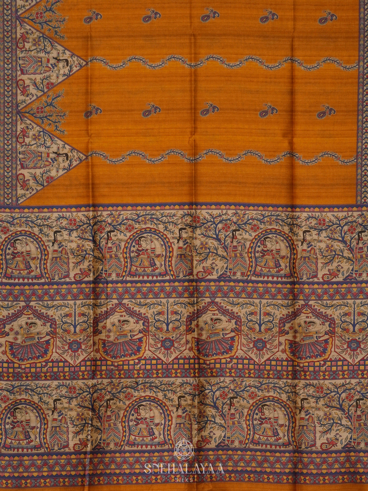Orange Printed Madhubani Saree