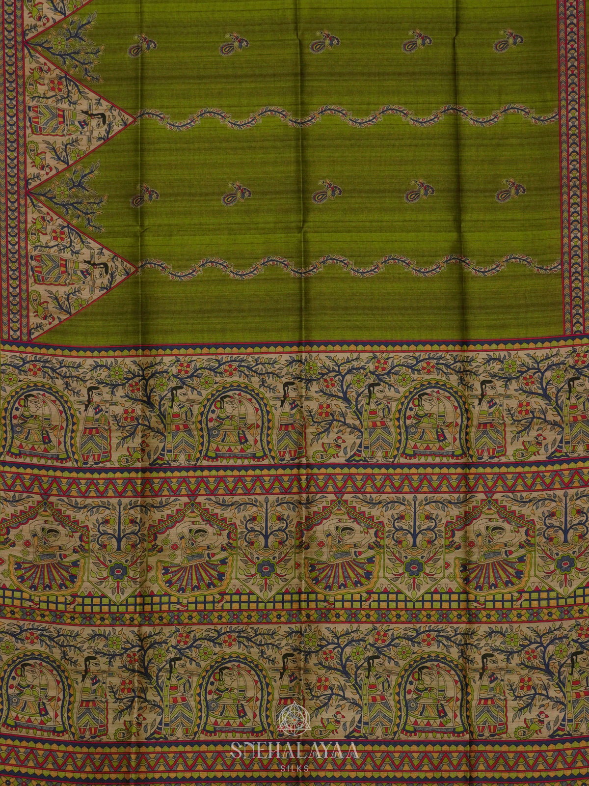 Green Printed Madhubani Saree