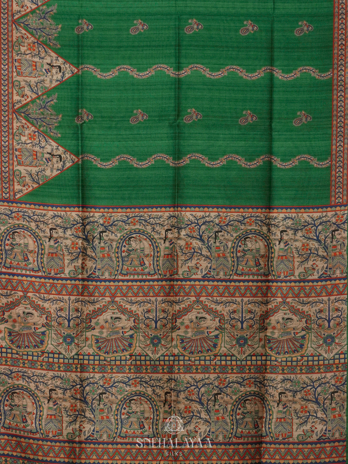 Forest Green Printed Madhubani Saree
