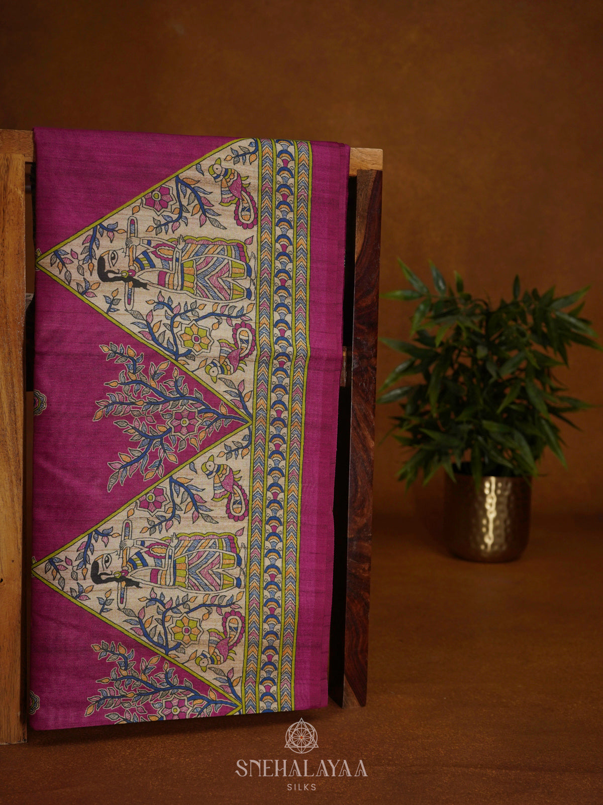 Magenta Pink Printed Madhubani Saree