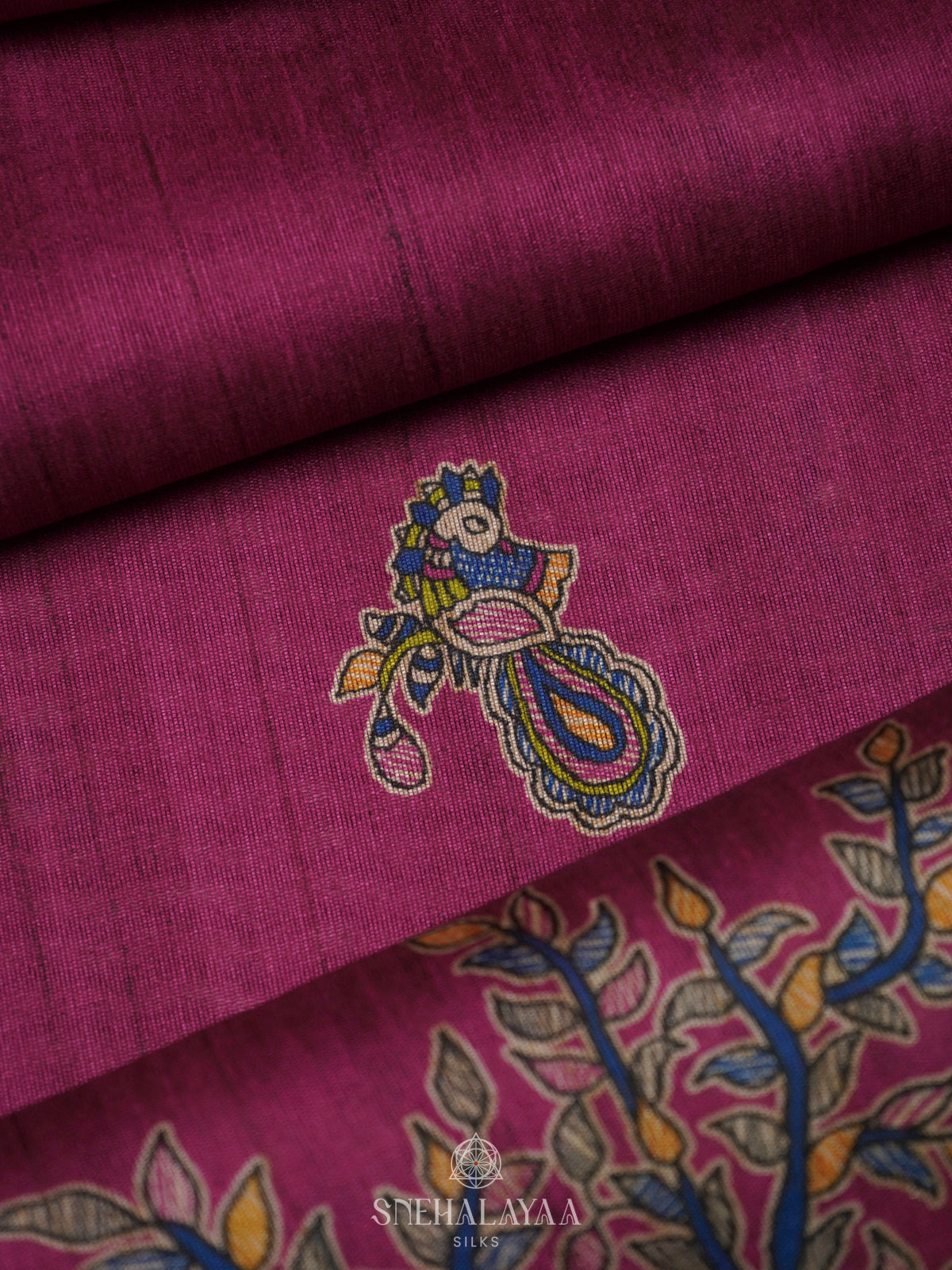 Magenta Pink Printed Madhubani Saree