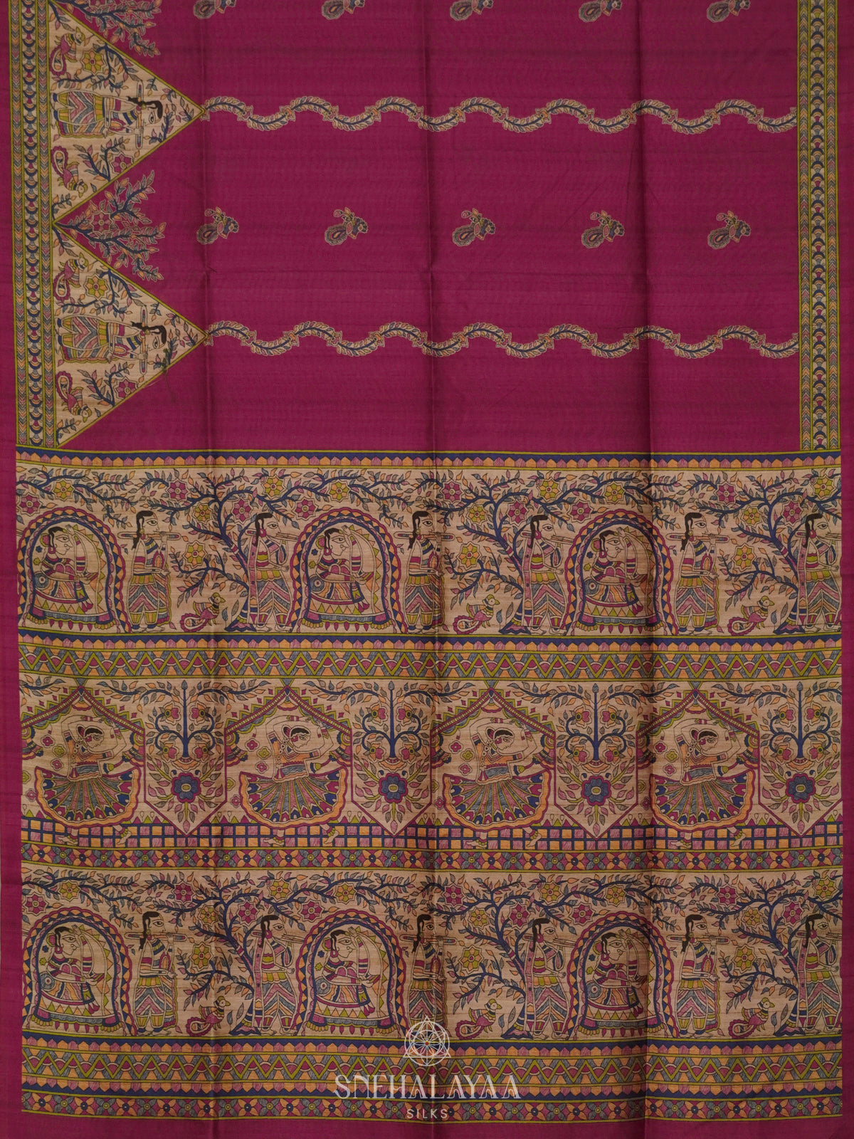 Magenta Pink Printed Madhubani Saree