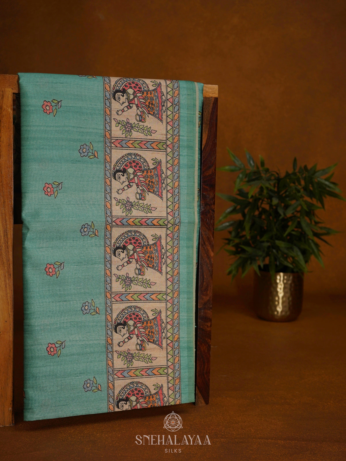 Teal Green Printed Madhubani Saree
