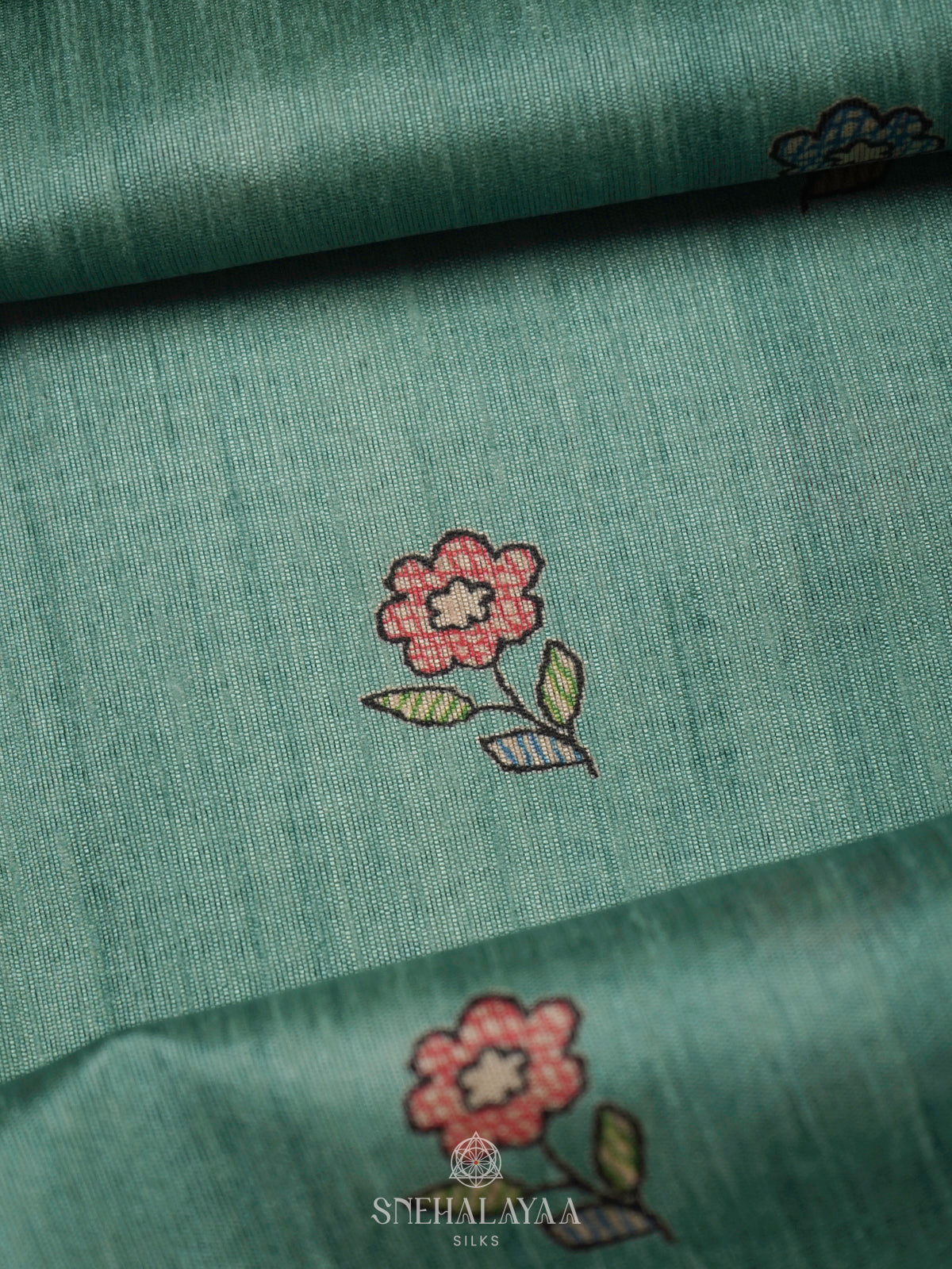 Teal Green Printed Madhubani Saree
