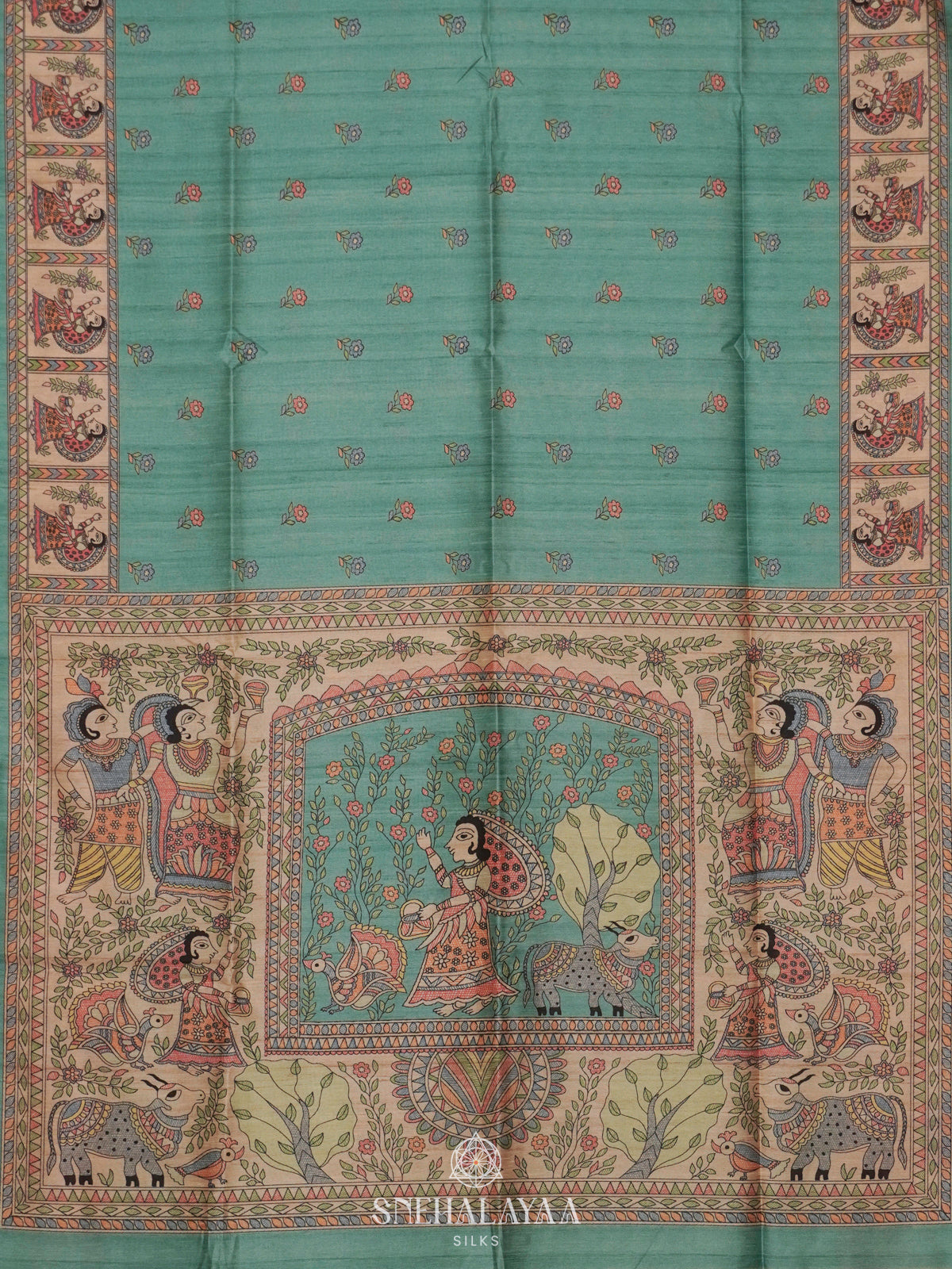 Teal Green Printed Madhubani Saree